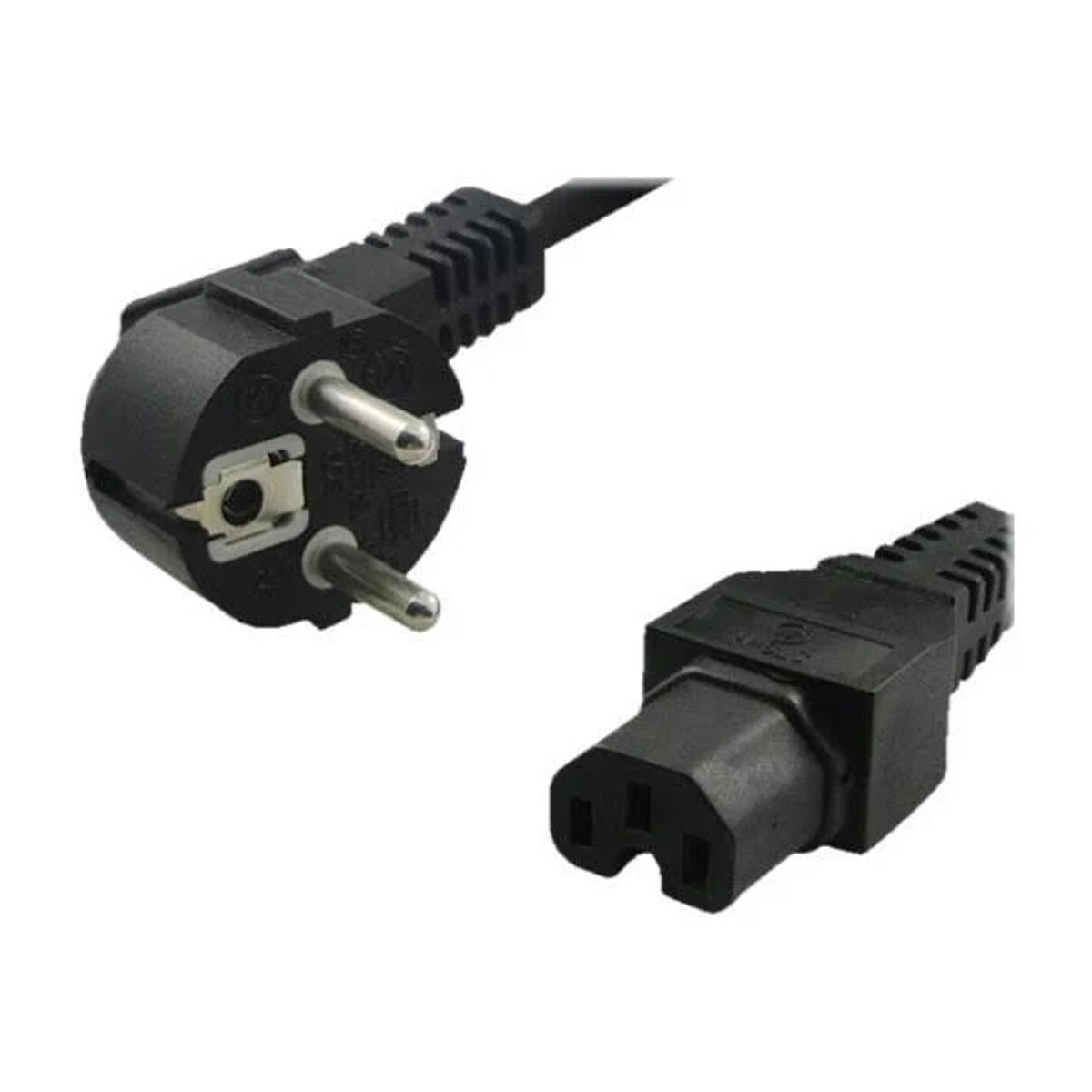 Zwei schwarze Netzkabel mit Steckern. Eines ist ein europäischer Stecker und das andere für einen Computer.
