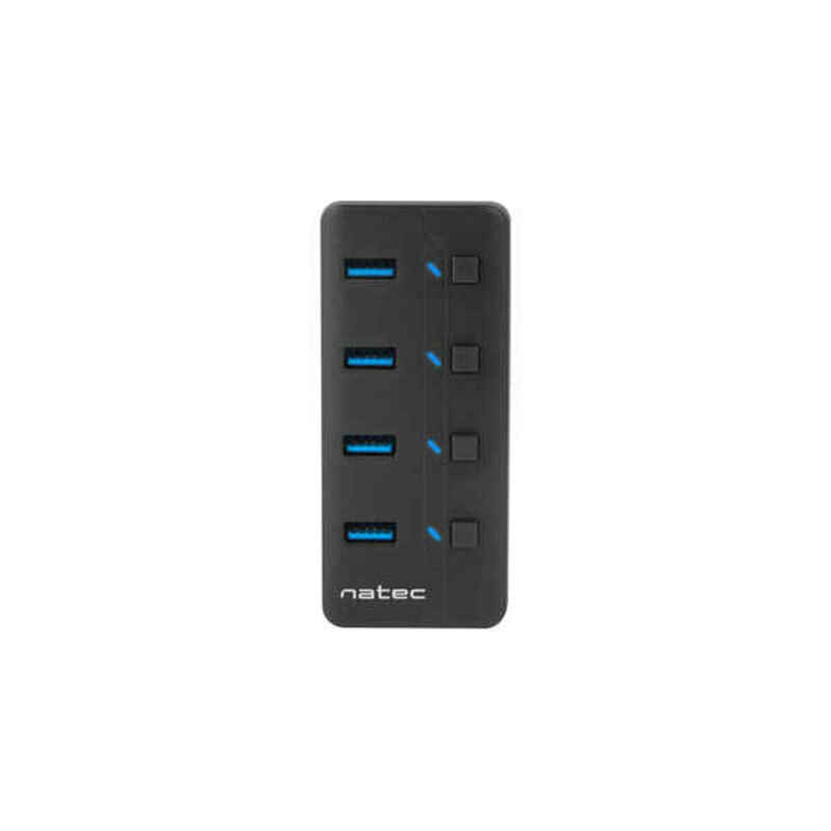 Ein schwarzer USB-Hub mit mehreren blauen USB-Anschlüssen.