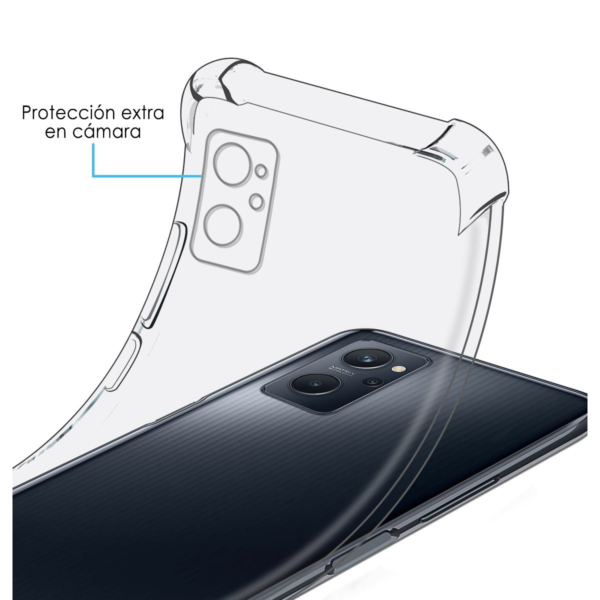 Funda transparente que muestra un teléfono y las palabras 'Protección extra en cámara'.
