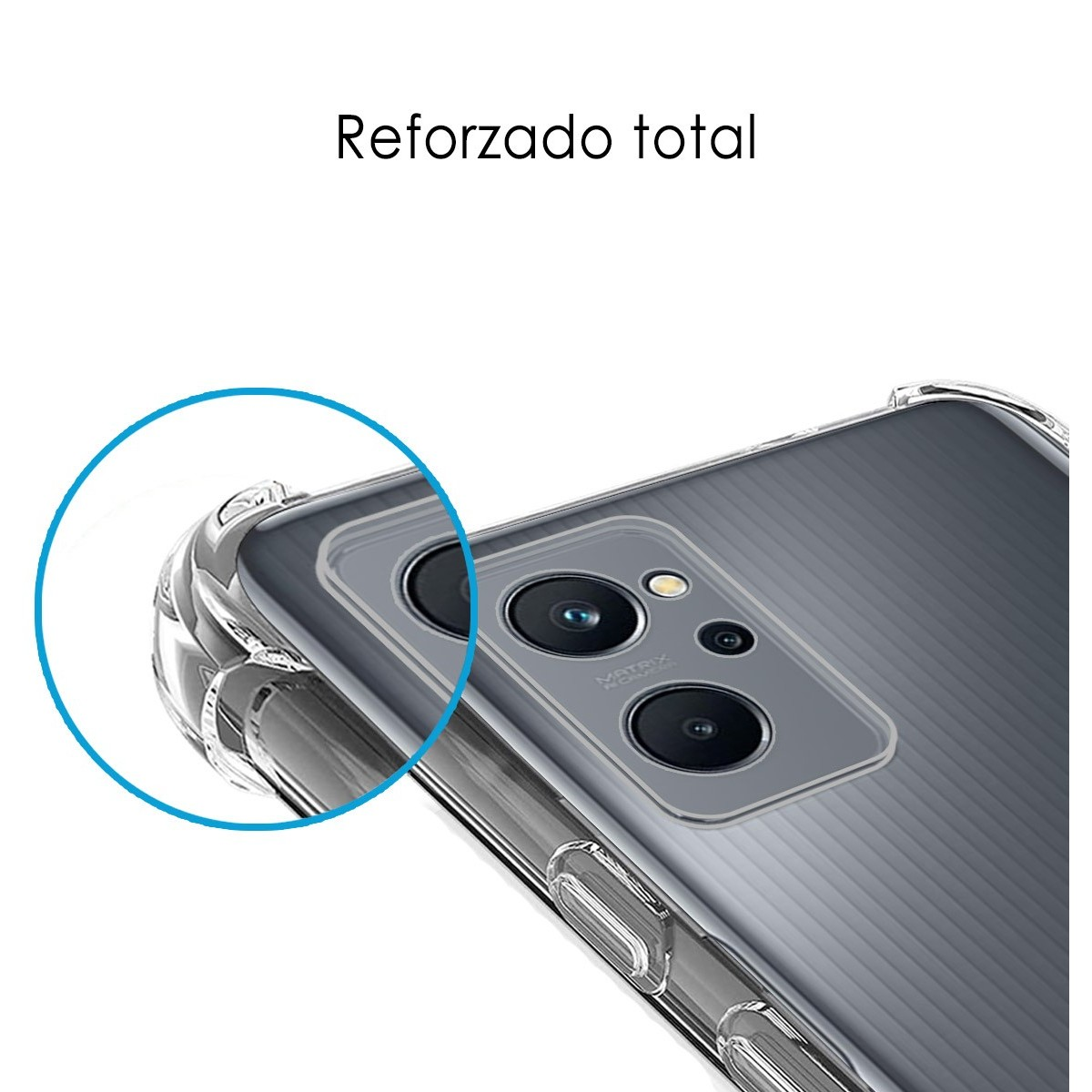 Primer plano del módulo de cámara de un teléfono en una funda transparente.