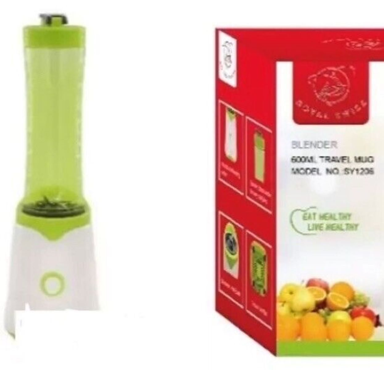 Mixer mit grün-weißem Gehäuse neben einer Box mit Obstbildern und Text.
