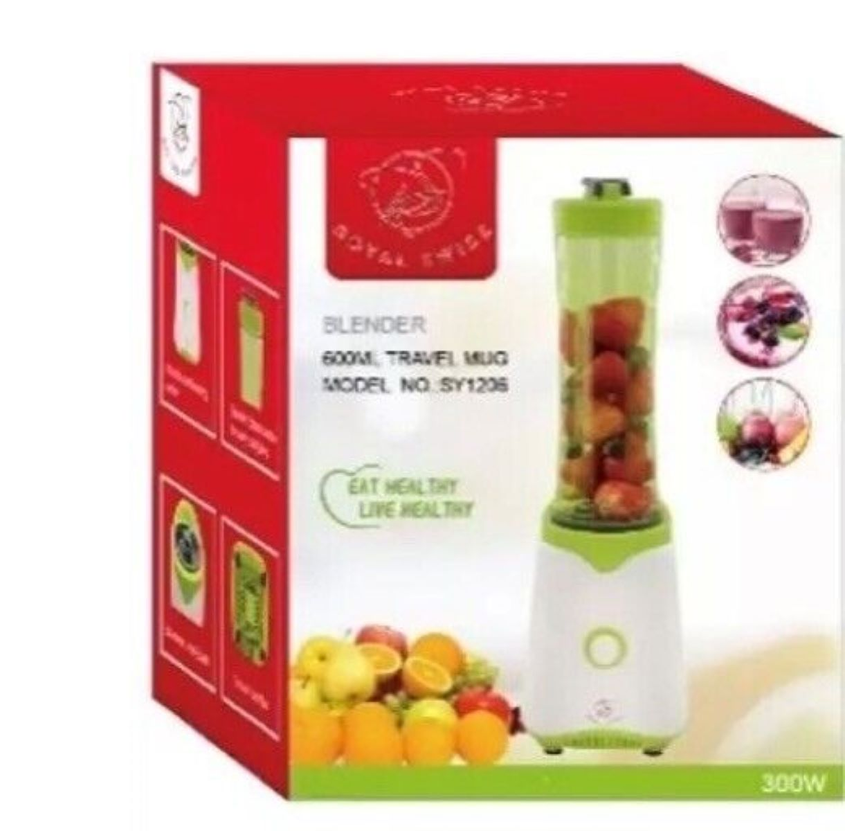 Ein Mixer in einer Box. Der Mixer ist weiß und grün, mit Erdbeeren gefüllt und hat einen Reisebecher.