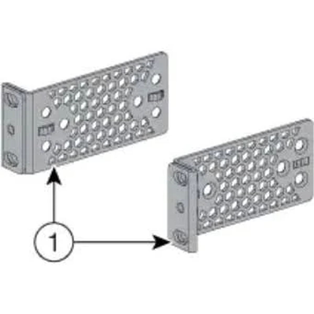 Zwei graue Metallhalterungen mit Wabenmuster. Eines zeigt auf das andere, mit einer Nummer 1 Pfeil.