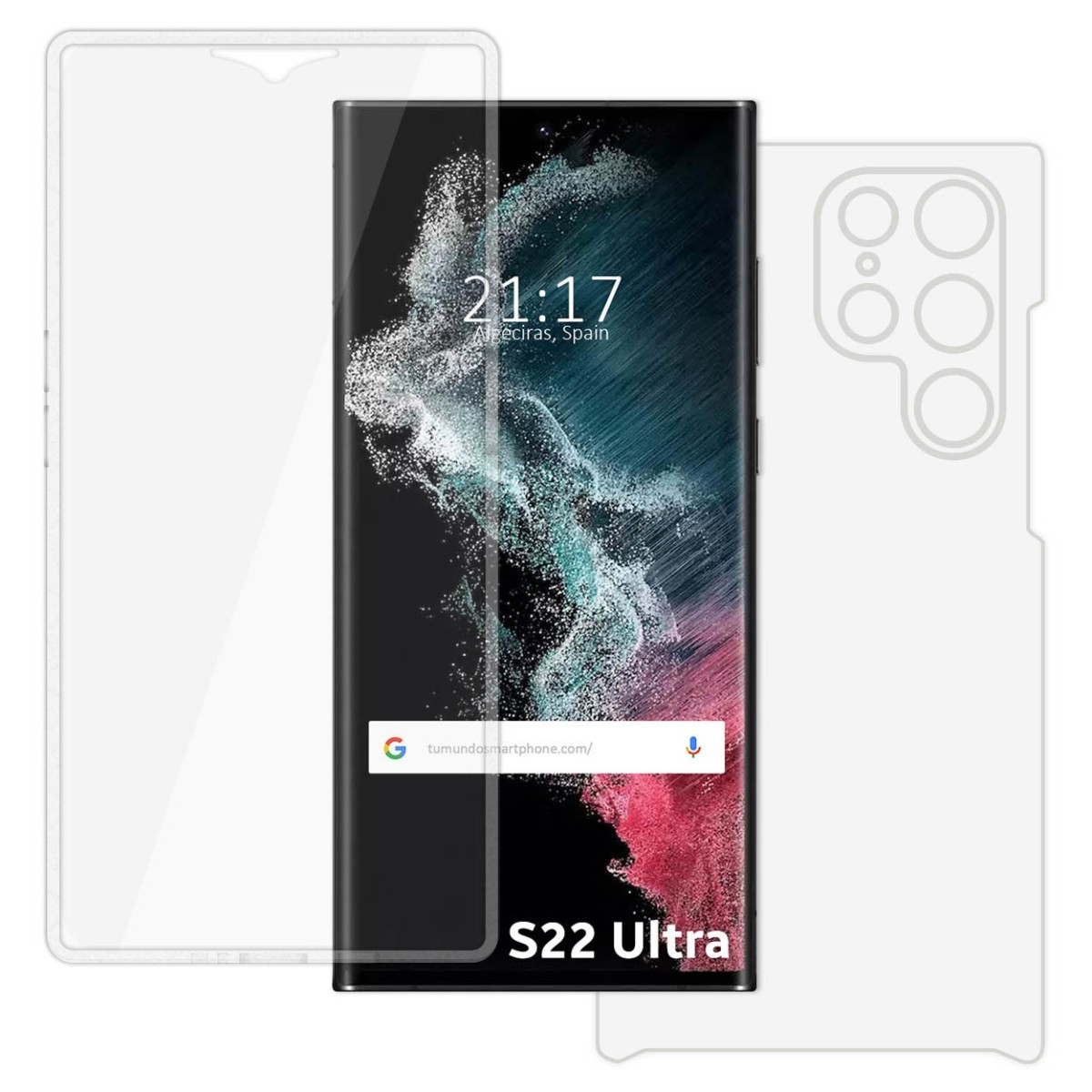 Telefono e protezione schermo su sfondo bianco. Lo schermo mostra l'ora e la barra di ricerca di Google.