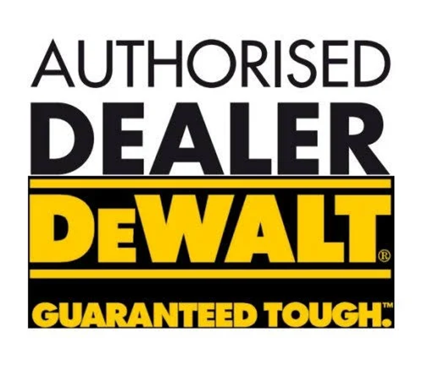 Das DeWalt-Logo mit den Worten 'AUTHORISED DEALER' darüber und 'GUARANTEED TOUGH' darunter.