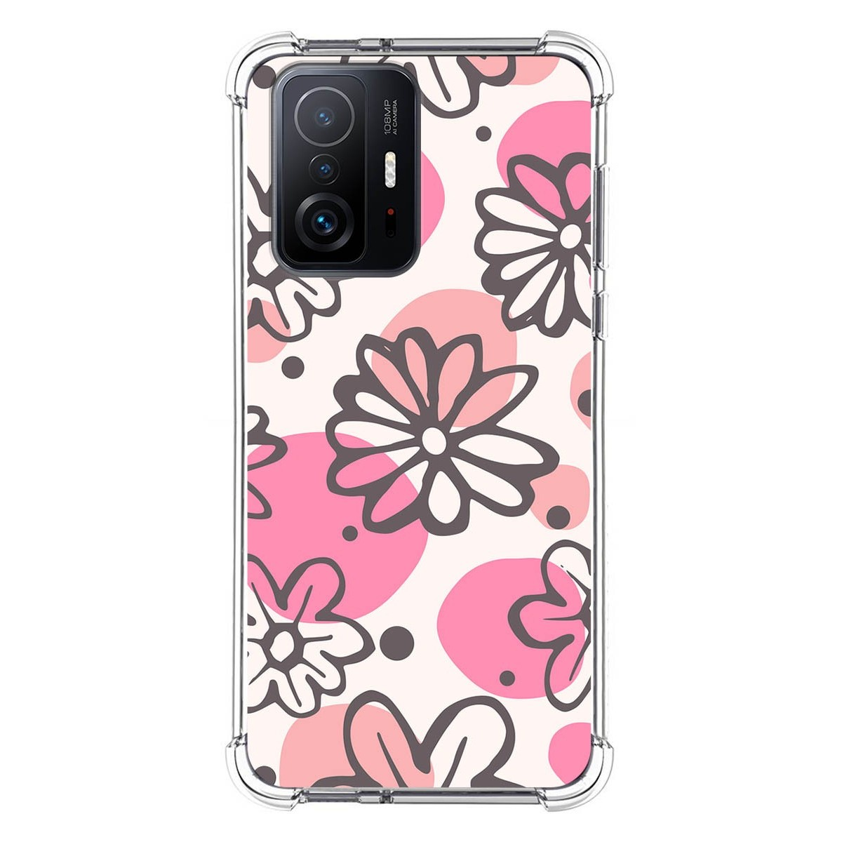 Funda de teléfono con diseño floral. Flores rosas y blancas con acentos grises sobre fondo crema.