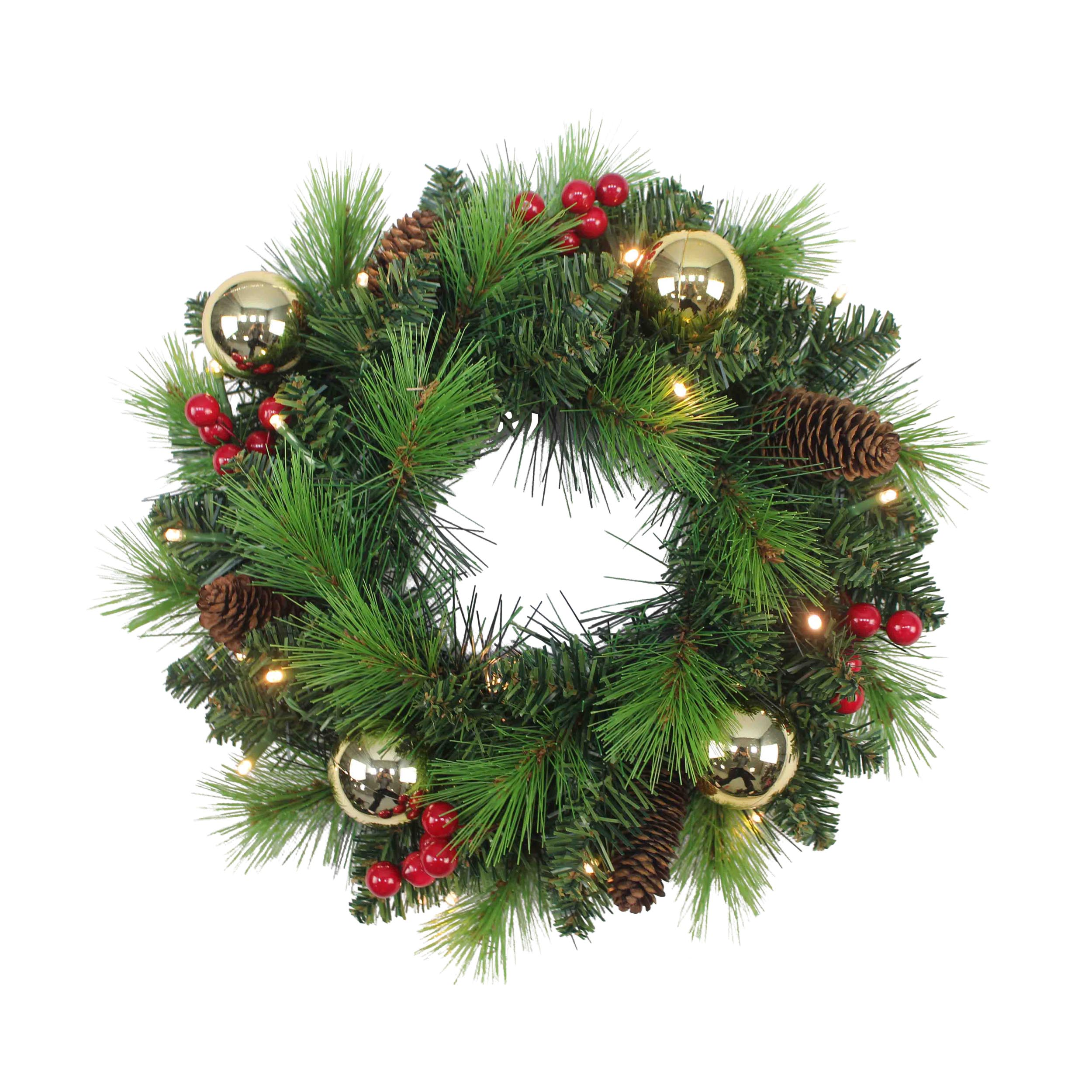 Weihnachtskranz mit grünen Tannennadeln, goldenen Ornamenten, roten Beeren und kleinen Lichtern.