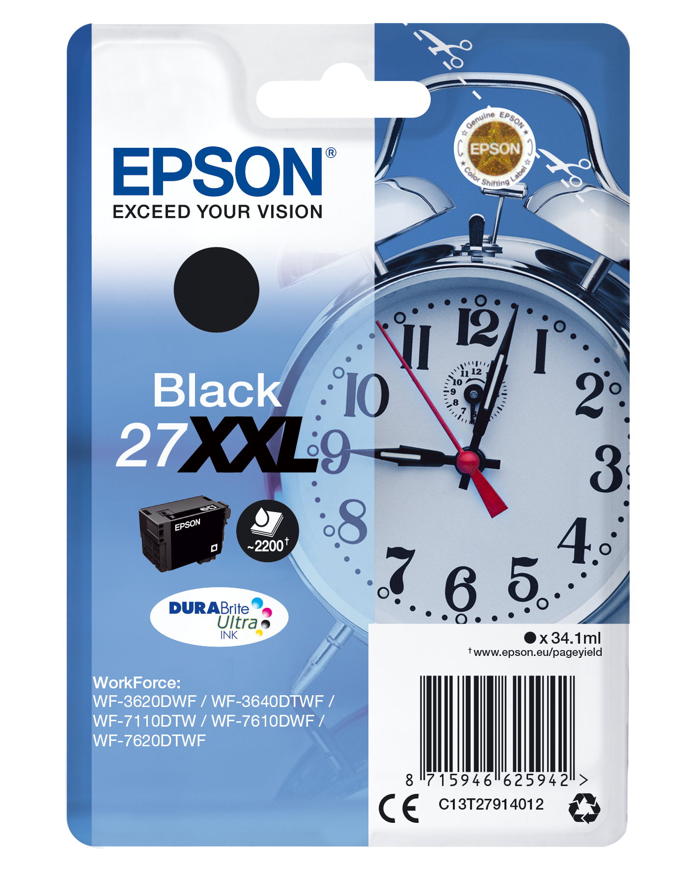 Epson inktcartridgeverpakking. Zwarte inkt, 27 XXL. Verpakking bevat de cartridge en productdetails.