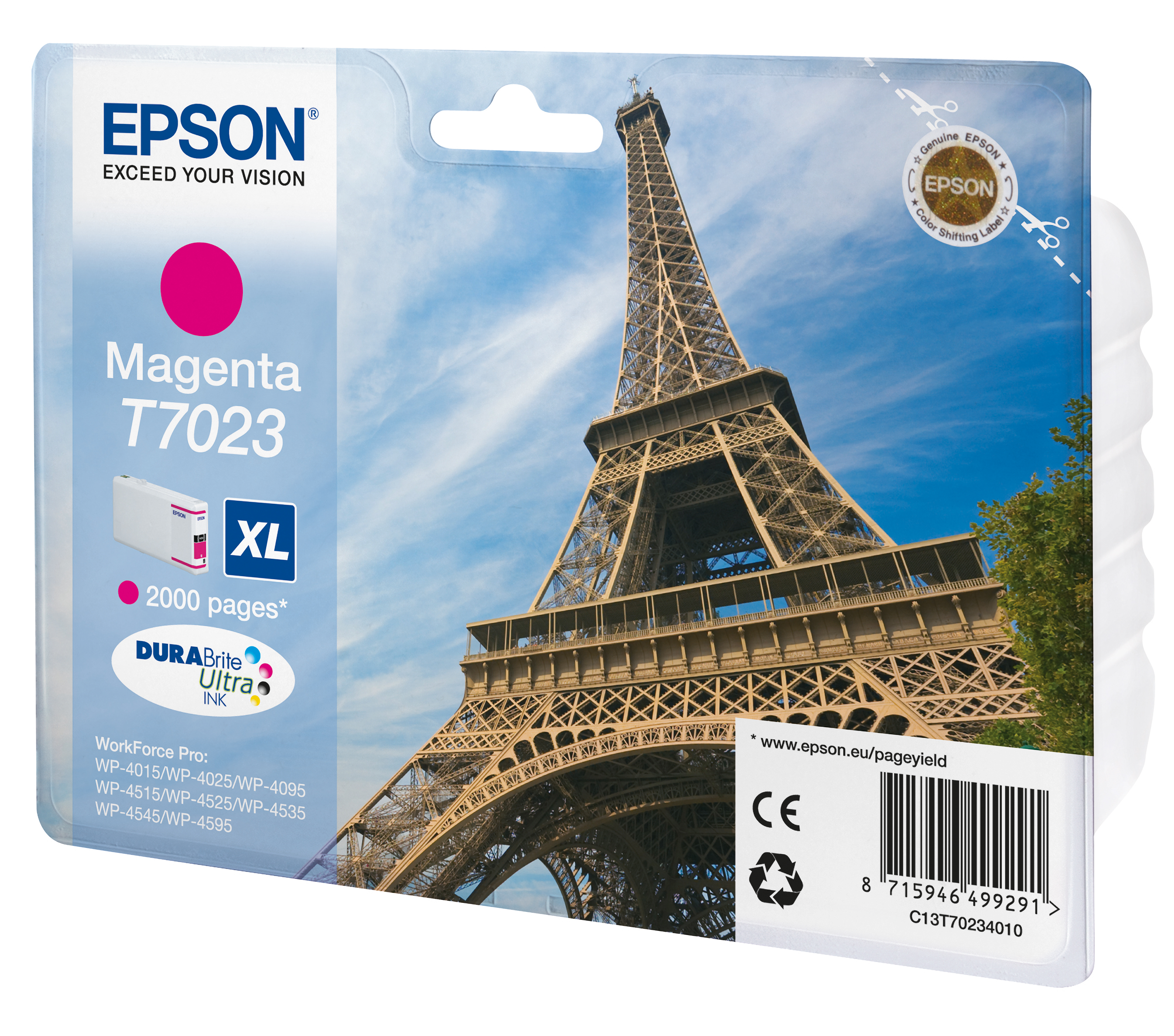 Epson Magenta T7023 Tintenpatrone mit dem Eiffelturm im Hintergrund.