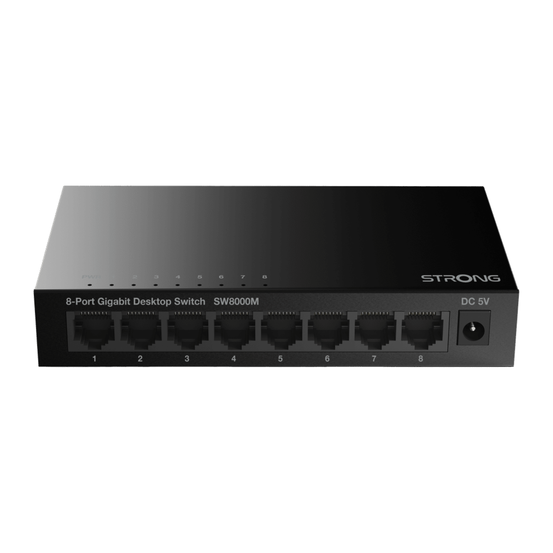Czarny 8-portowy przełącznik Gigabit Desktop Switch z portem DC 5V. Ma 8 portów oznaczonych od 1 do 8.