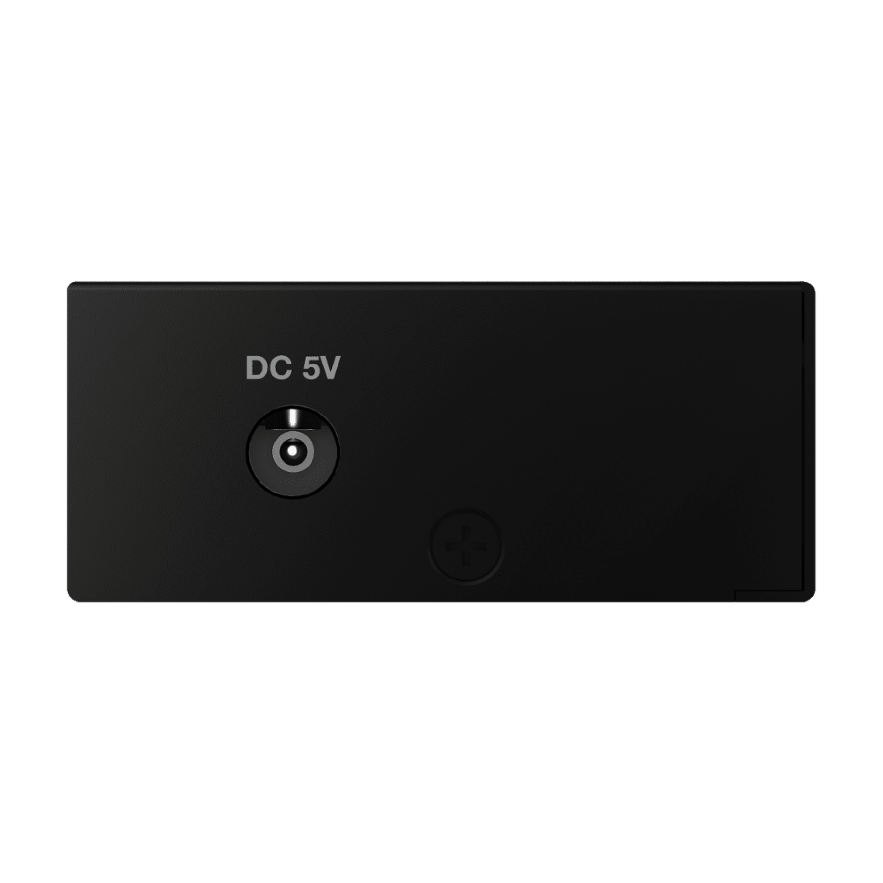 Czarne, prostokątne urządzenie z portem DC 5V i symbolem plusa. Czarne tło.