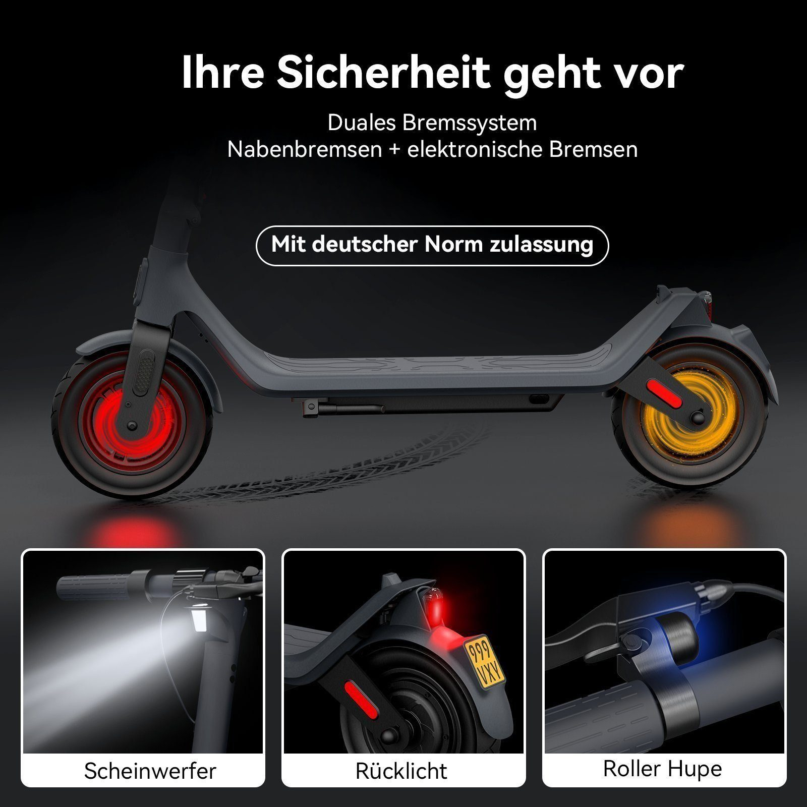 Reifen,ABE mit Faltbarer Scooter (10 Schwarz) Zoll, E-Scooter BEW Straßenzulassung,max.20km/h, E 10\'\'Schlauchloser E-Roller