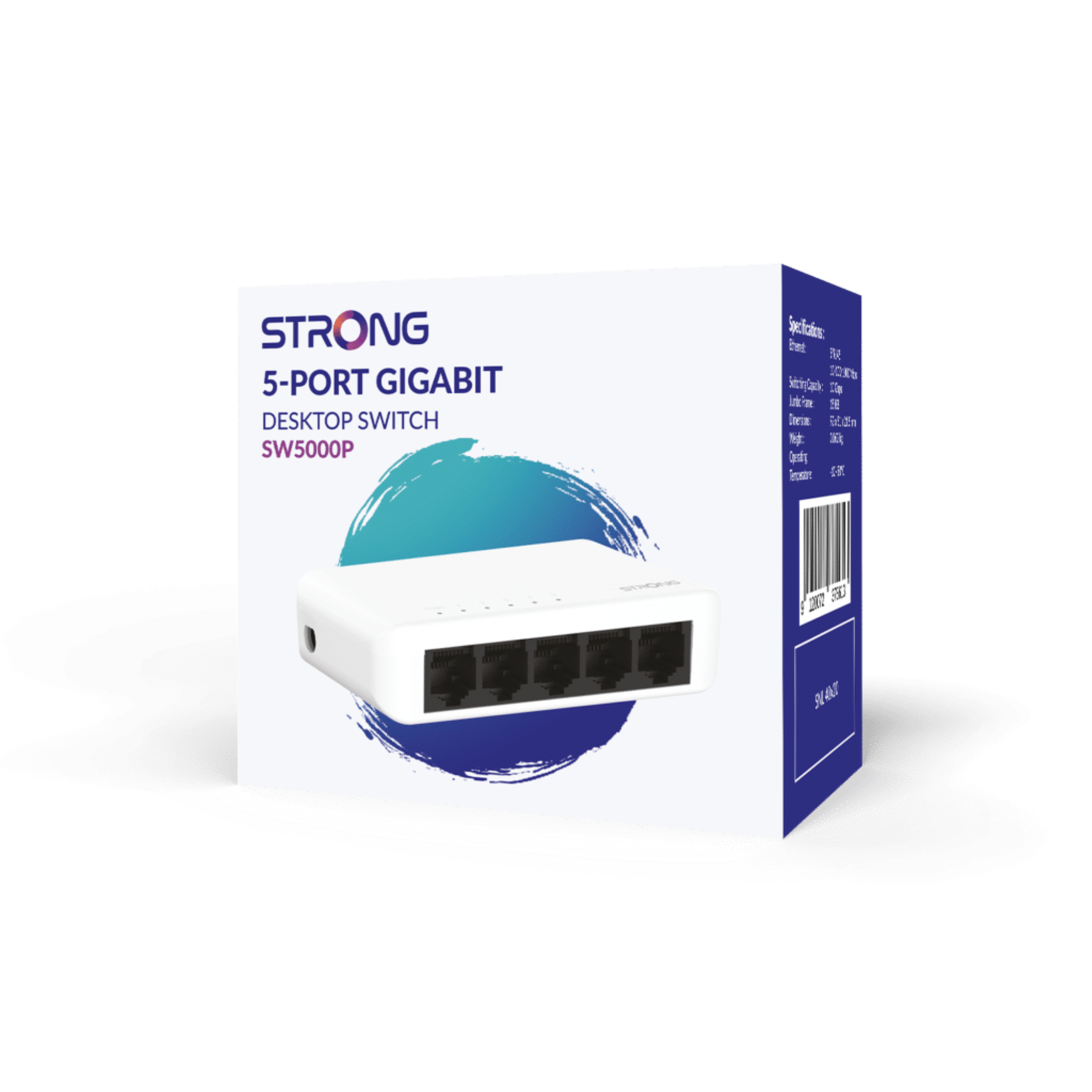 Biało-niebieskie pudełko z napisem STRONG 5-PORT GIGABIT DESKTOP SWITCH.