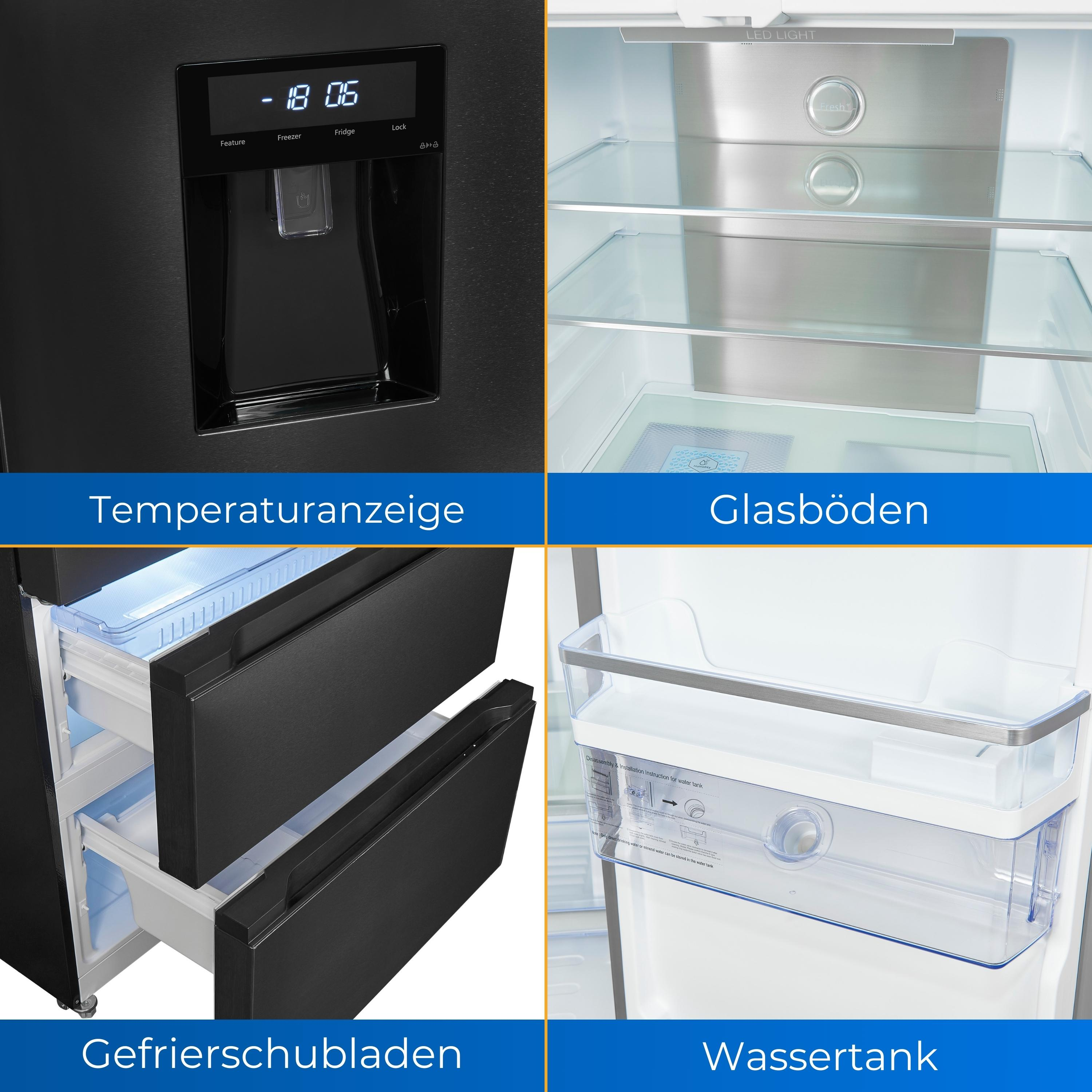 Nahaufnahme eines schwarzen Kühlschranks mit Digitalanzeige und Details des Innenraums: Regale, Schubladen und Wassertank.