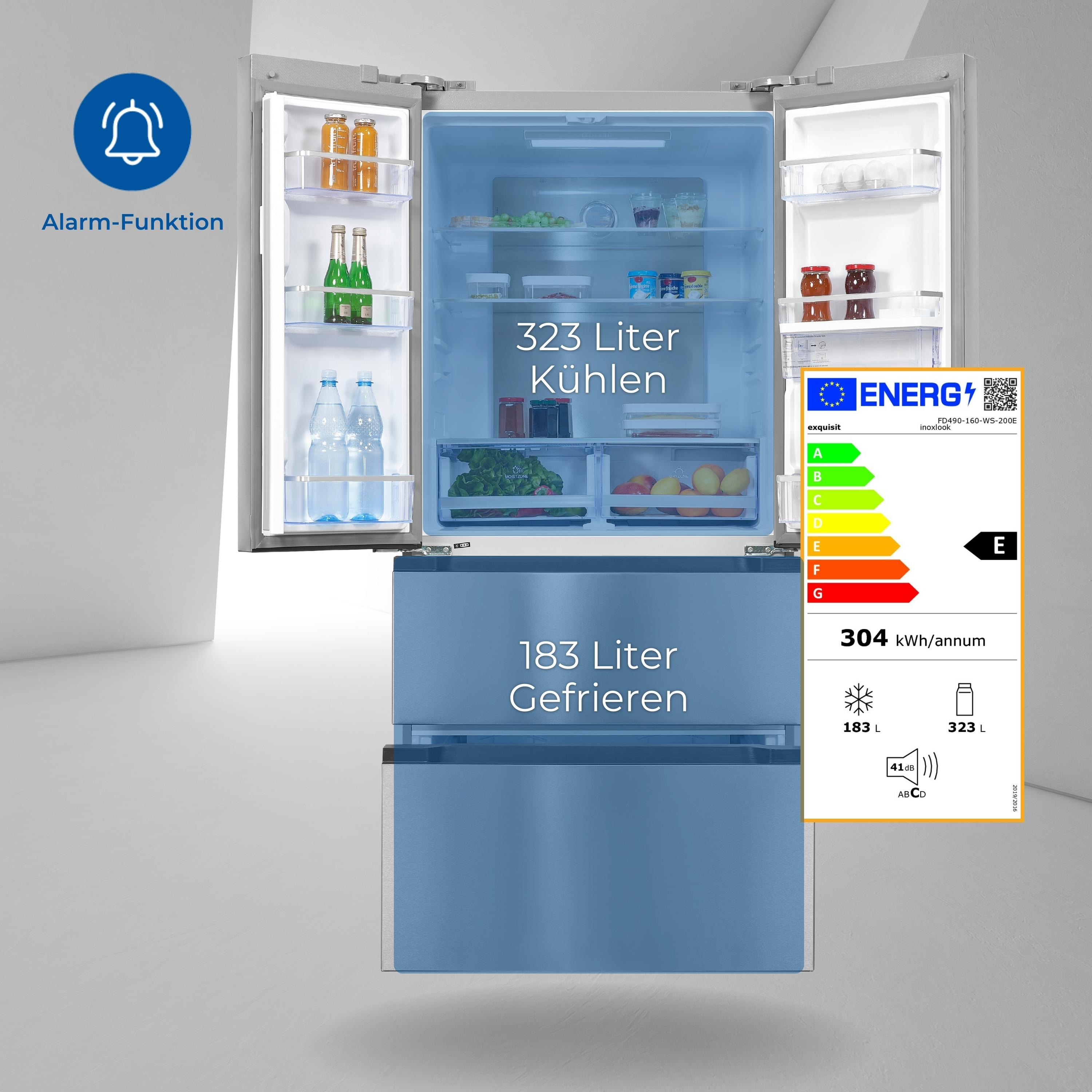 Kühlschrank mit geöffneten Türen, Innenansicht. Zeigt ein Energielabel und Details zur Speicherkapazität.