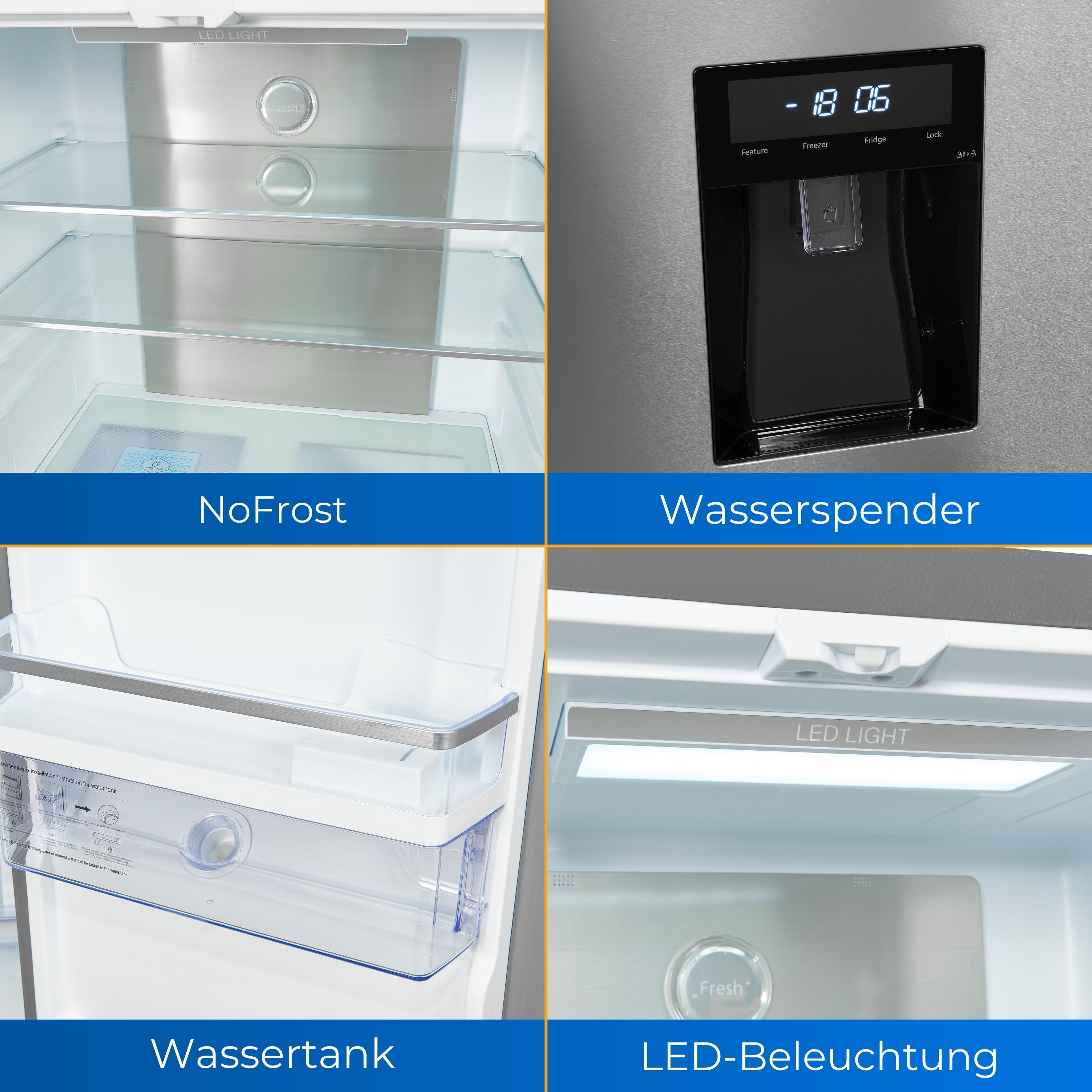 Ein Kühlschrank mit vier Detailaufnahmen: NoFrost, Wasserspender, Wassertank und LED-Beleuchtung.