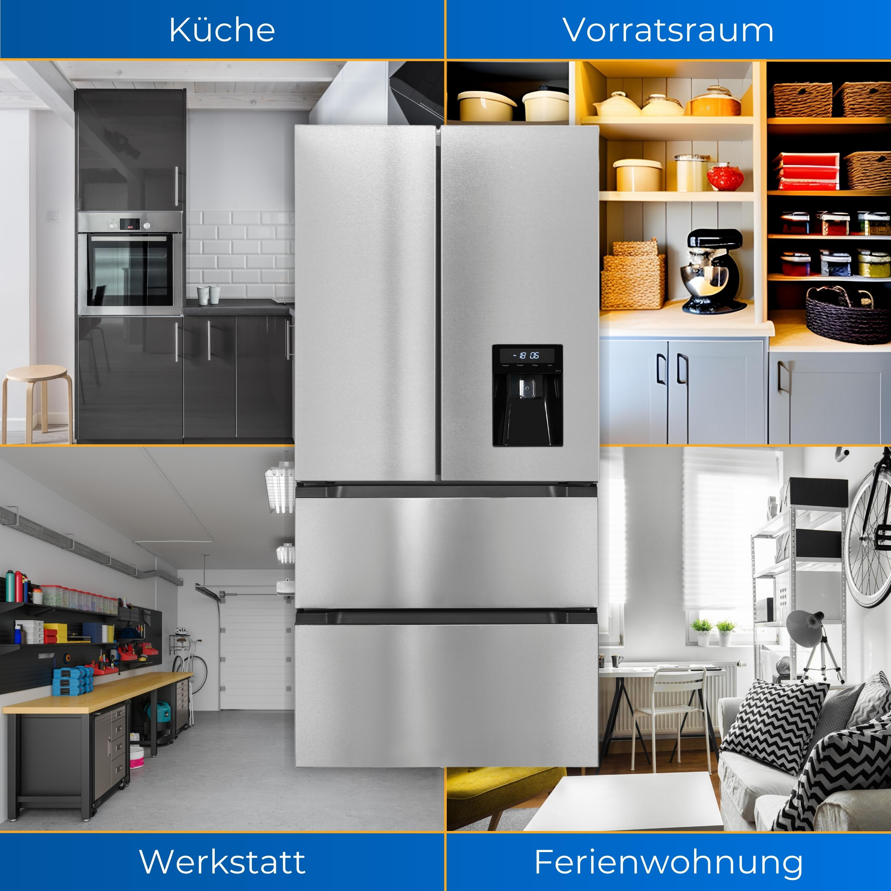 Ein Kühlschrank in verschiedenen Umgebungen: Küche, Speisekammer, Werkstatt und Ferienhaus.