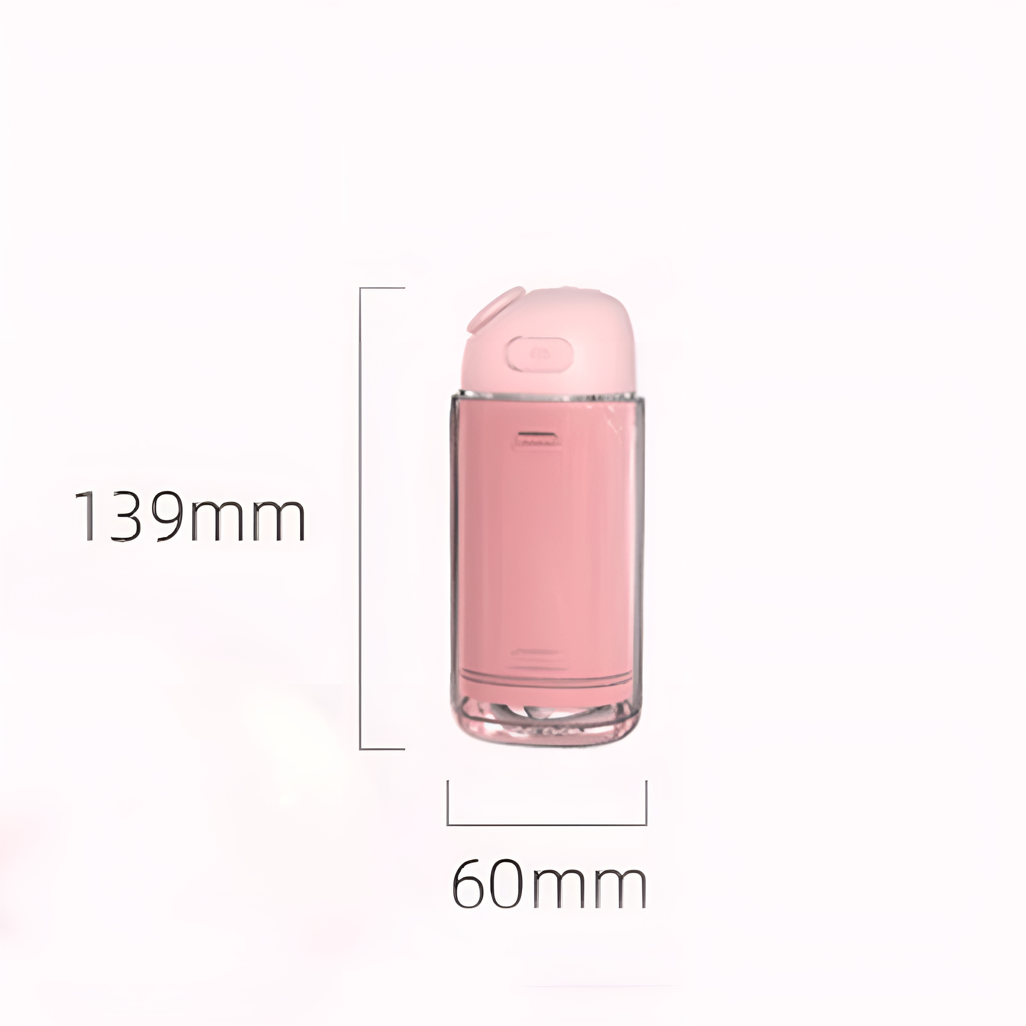 Rosa und klare Flasche mit Abmessungen in mm. Weißer Hintergrund.