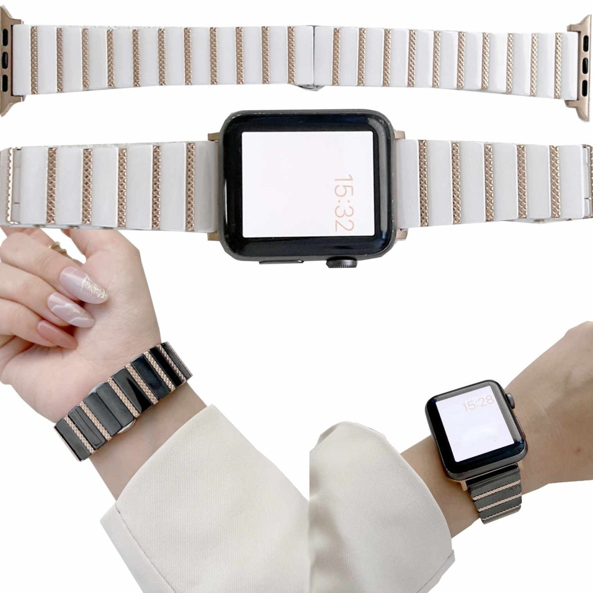 Weißes und goldenes Uhrenarmband am Handgelenk. Apple Watch befestigt, Zeit wird angezeigt.