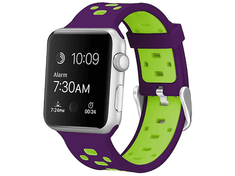 WIGENTO Kunststoff / Silikon Design Sport Armband, Ersatzarmband, Apple, Watch Series Ultra 1 + 2 49mm 9 8 7 45 / 6 SE 5 4 44 / 3 2 1 42mm, Lila / Grün | Smartwatch Armbänder