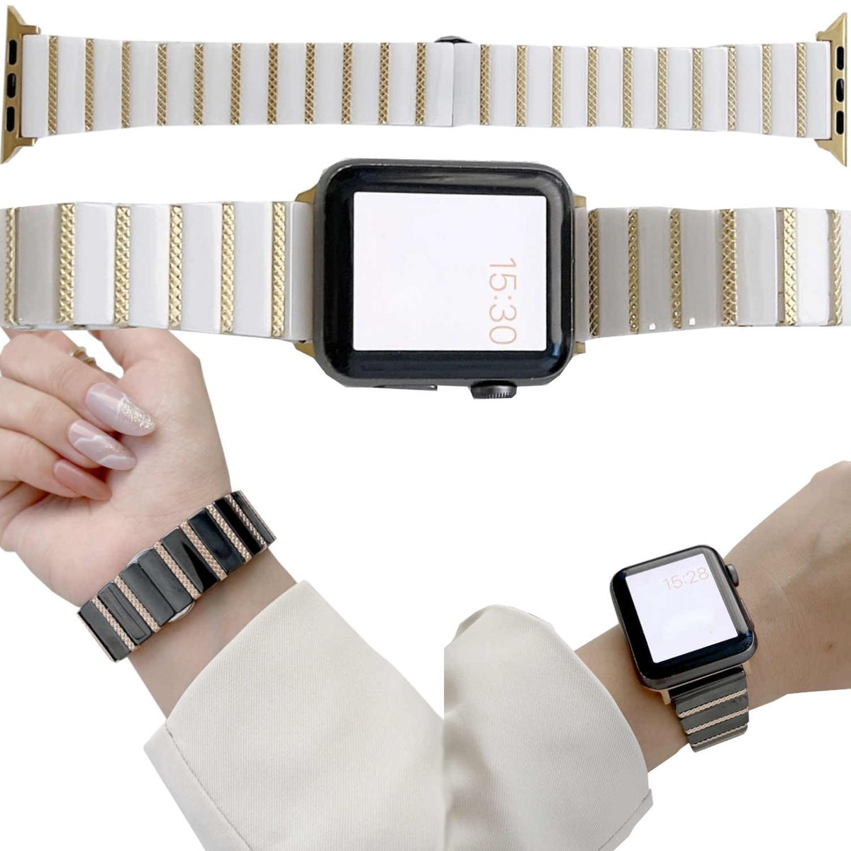 Apple Watch mit weißem und goldfarbenem gestreiftem Armband. Es wird an einem Handgelenk gezeigt.