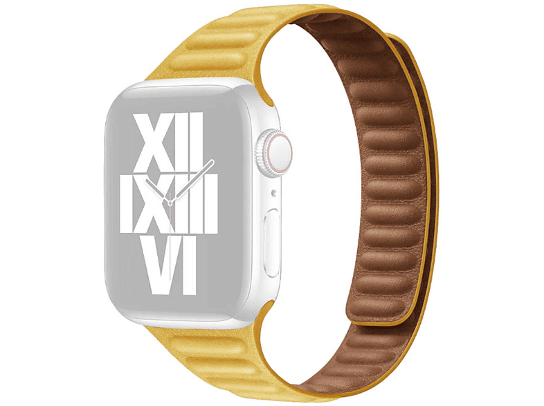 WIGENTO Magnetisches Kunst Leder / Silikon Band, Ersatzarmband, Apple, Watch Series Ultra 1 + 2 49mm 9 8 7 45 / 6 SE 5 4 44 / 3 2 1 42mm, Gelb