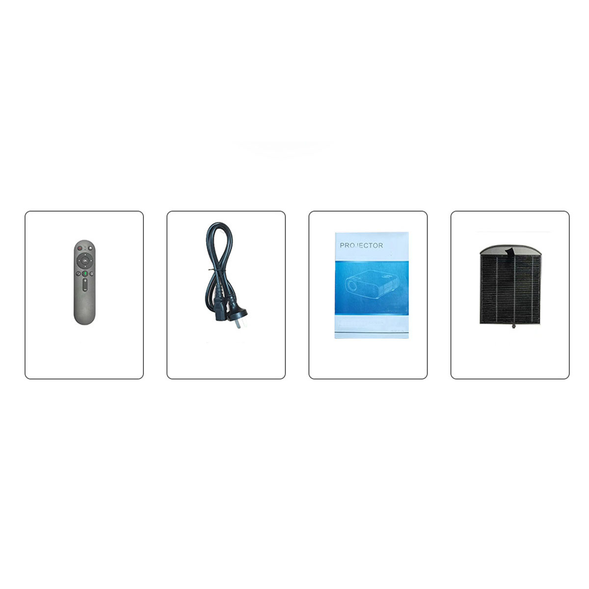 Verschiedenes Projektorzubehör: eine Fernbedienung, ein Netzkabel, ein Handbuch und ein Lüfter.