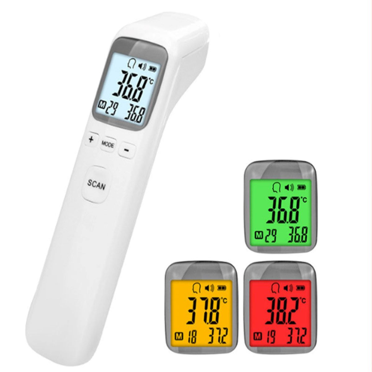 Ein weißes digitales Thermometer zeigt 36,8 Grad Celsius auf seinem Bildschirm, mit drei weiteren Thermometern in der Nähe.