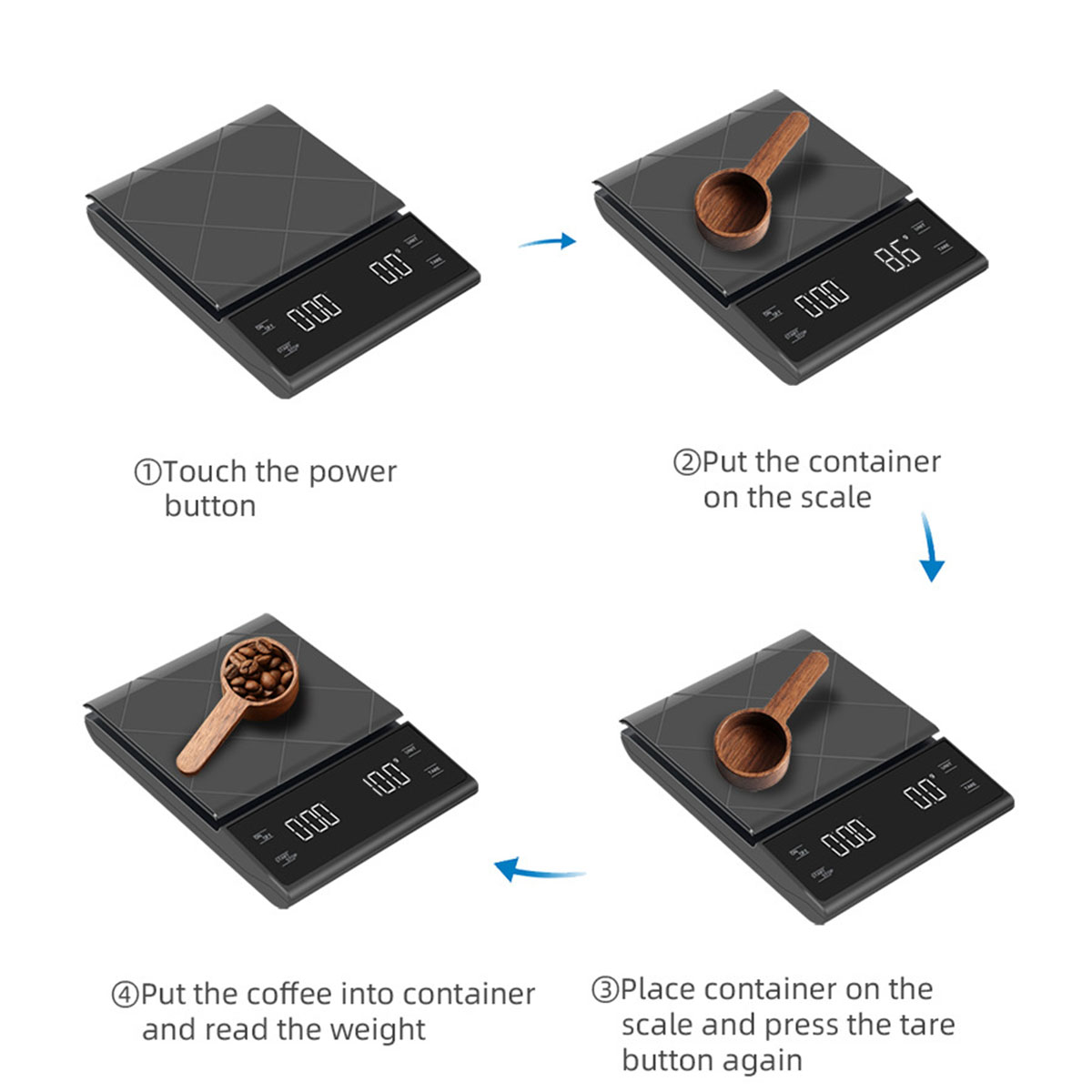 Eine digitale Waage mit einem Holzschöpfer. Schritte zum Wiegen von Kaffeebohnen.