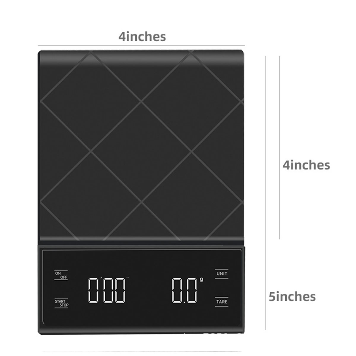 Schwarze digitale Küchenwaage mit Zollangaben. Anzeige zeigt '0.00' und '0.0'.