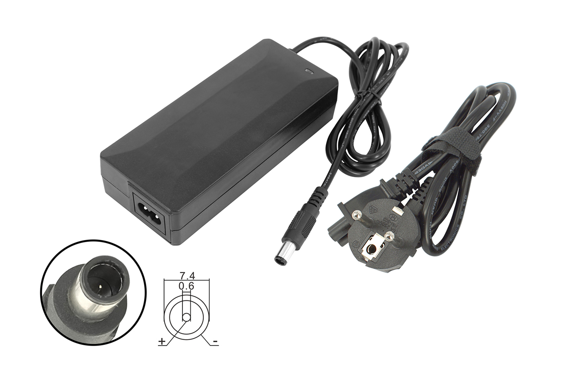 Schwarzes Laptop-Ladegerät mit US-Stecker und separater Diagramm des Ladegerät-Stifts.