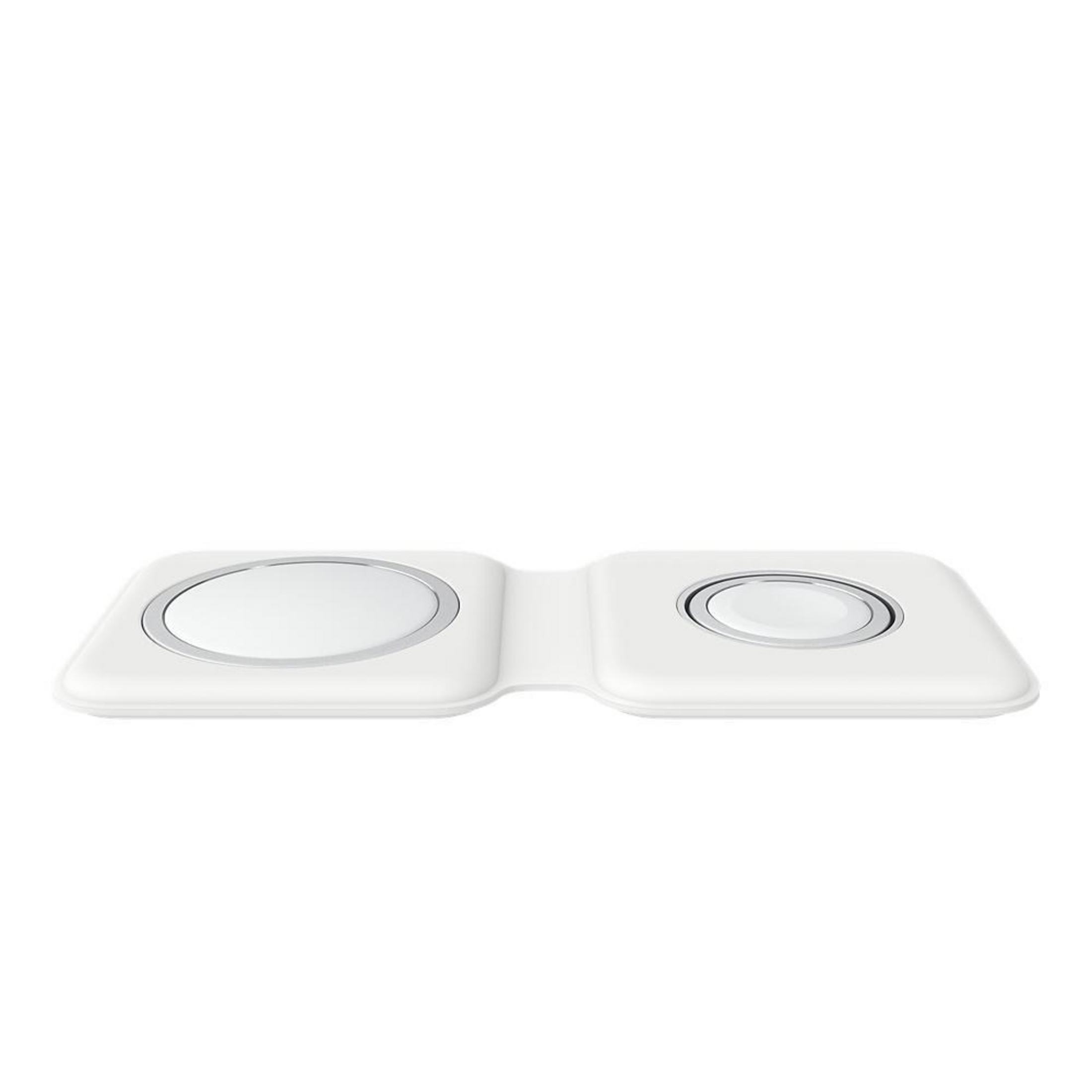 Un chargeur pliable blanc avec deux socles de chargement circulaires pour une Apple Watch et un iPhone.