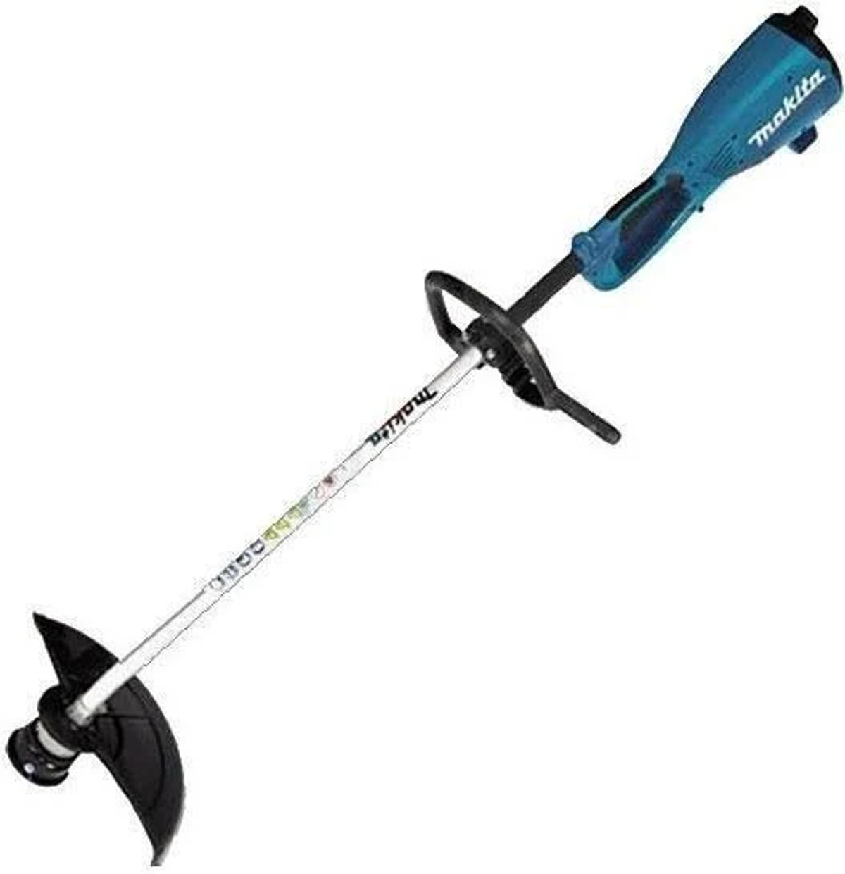 Ein blau-schwarzer Makita-Trimmer auf weißem Hintergrund, einsatzbereit.
