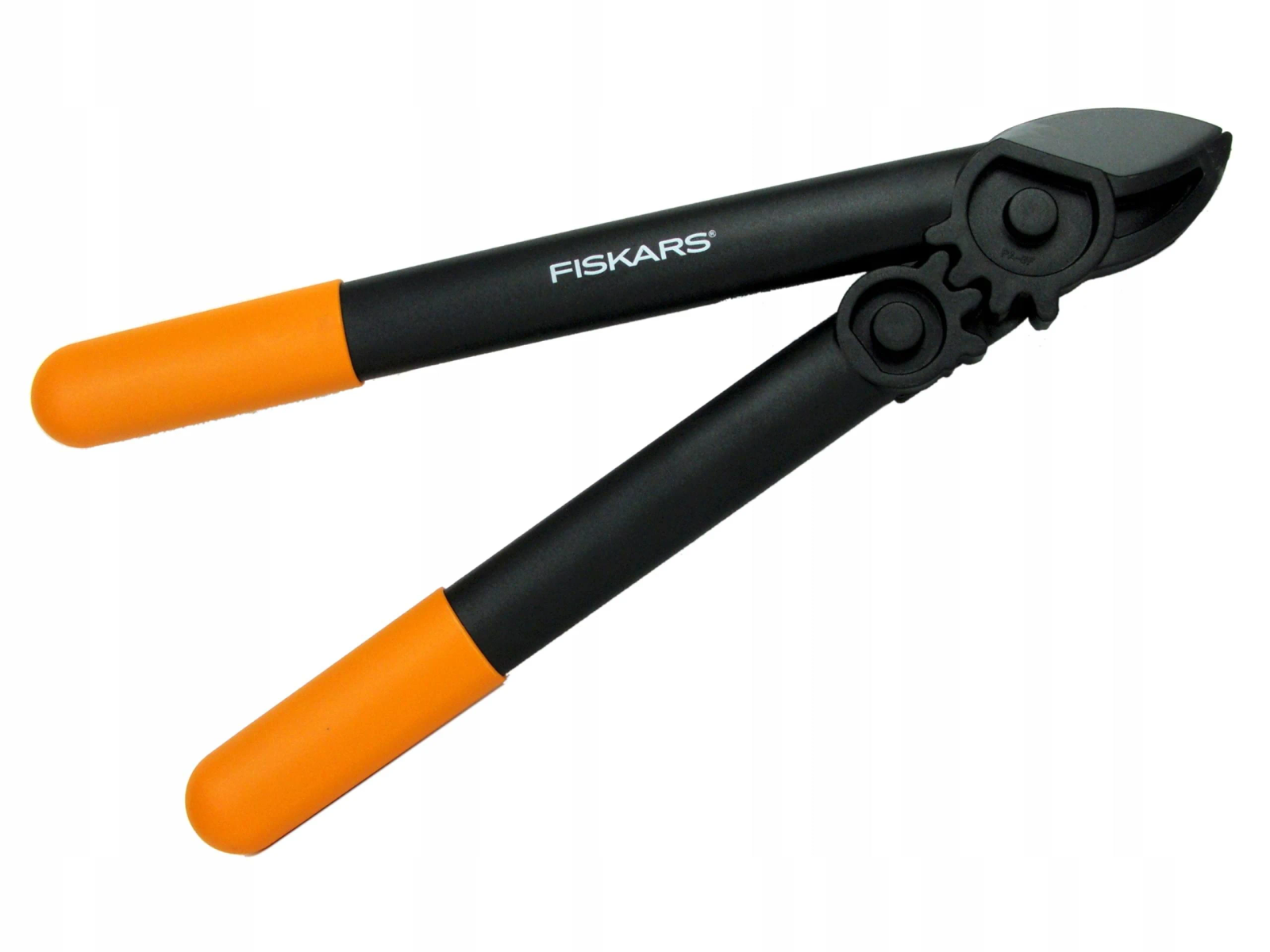 Fiskars-Astschere. Schwarze Griffe mit orangen Griffen. Abgewinkelte Klingen.