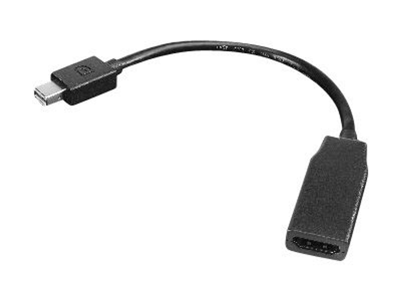 Schwarzes Mini DisplayPort-zu-HDMI-Adapterkabel. Weißer Hintergrund.