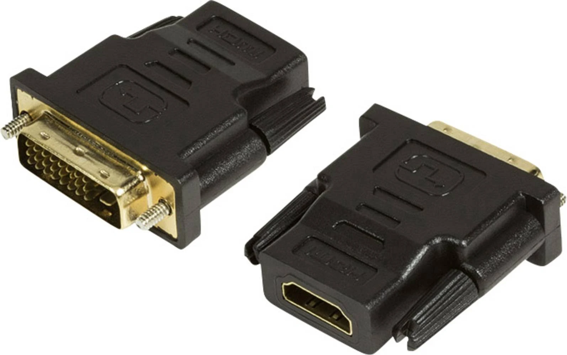 Dwa czarne adaptery HDMI na DVI. Jeden ma port HDMI, a drugi port DVI ze śrubami. Oba są oznaczone jako HDMI.