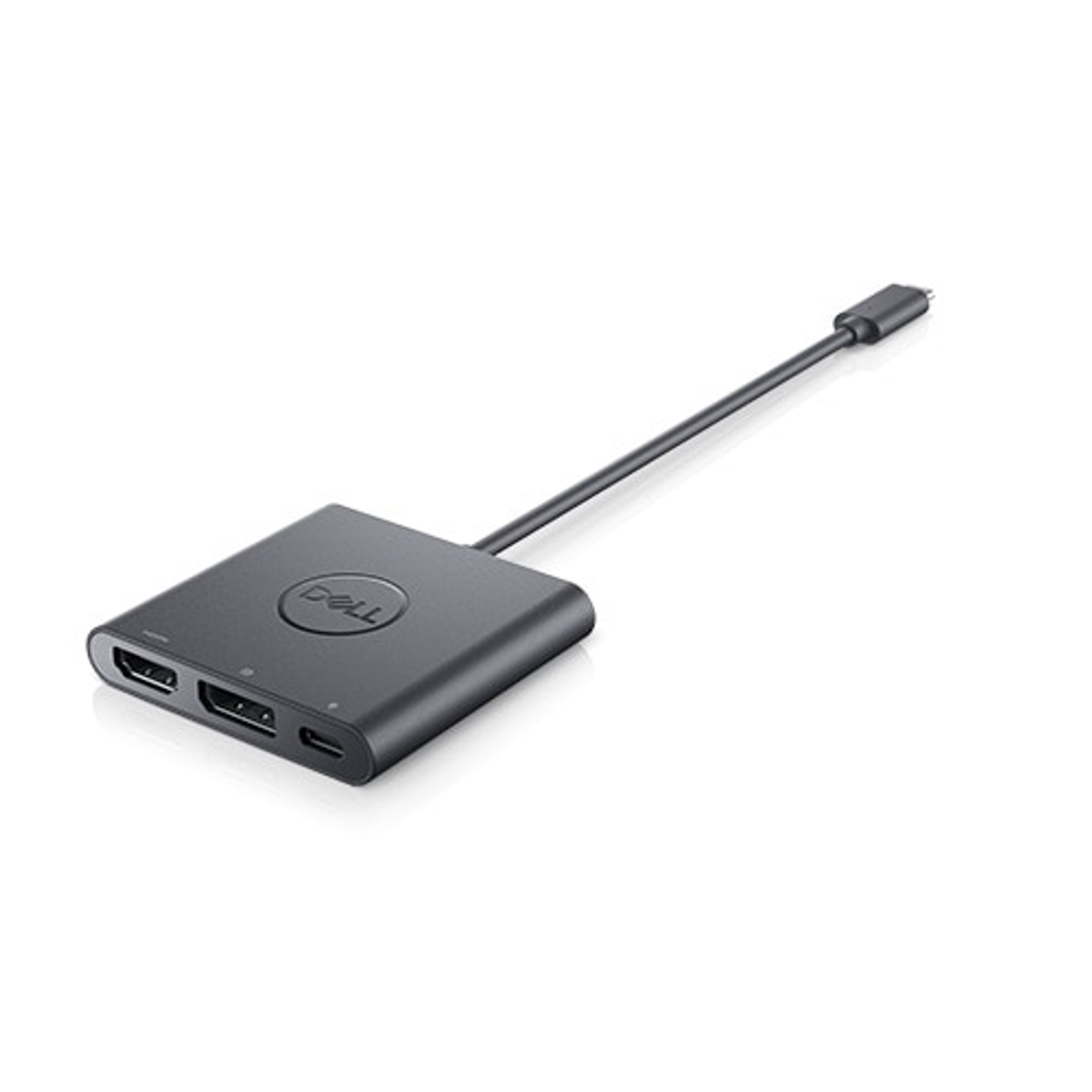 Schwarzer Dell-Adapter mit HDMI- und USB-C-Anschlüssen und angeschlossenem Kabel. Dell-Logo.