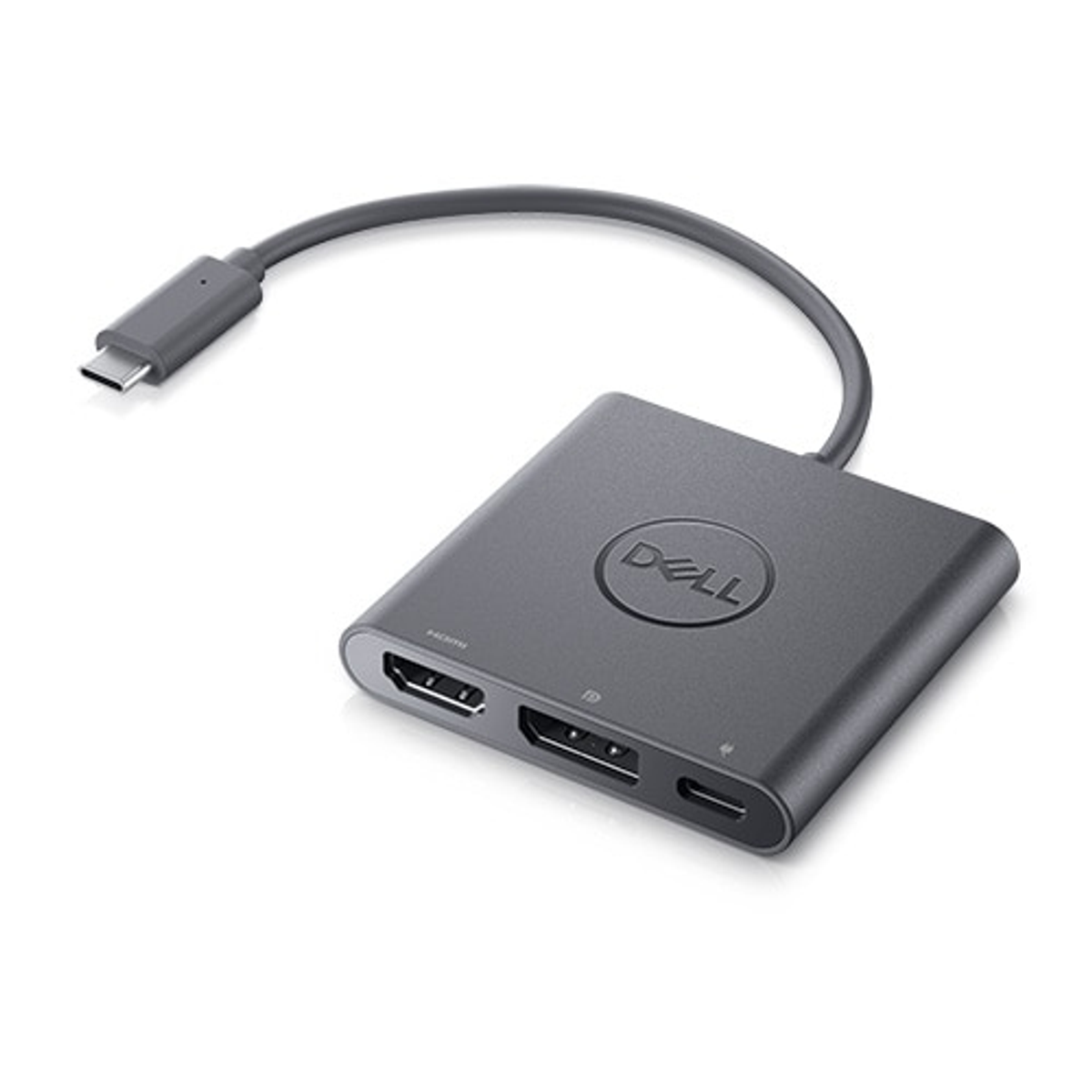 Ein grauer Dell USB-C-Hub mit HDMI-, USB-C-Anschlüssen und einem USB-C-Kabel auf weißem Hintergrund.