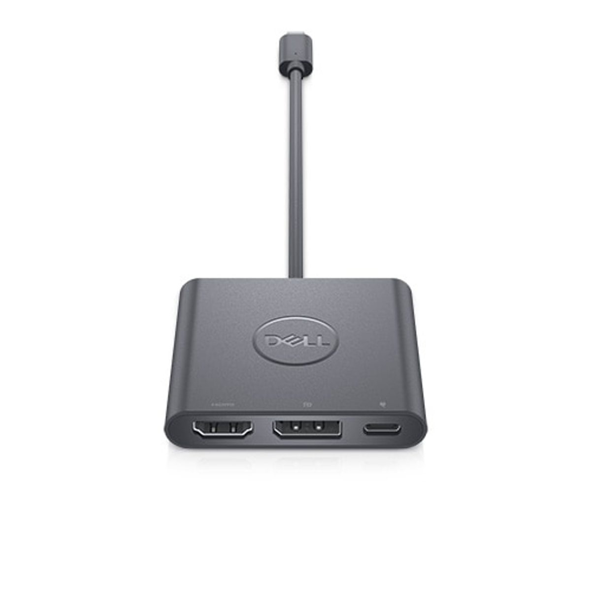 Grauer Dell-Adapter mit HDMI-, USB-C- und USB-Anschlüssen, schwarzem Kabel und weißem Hintergrund.