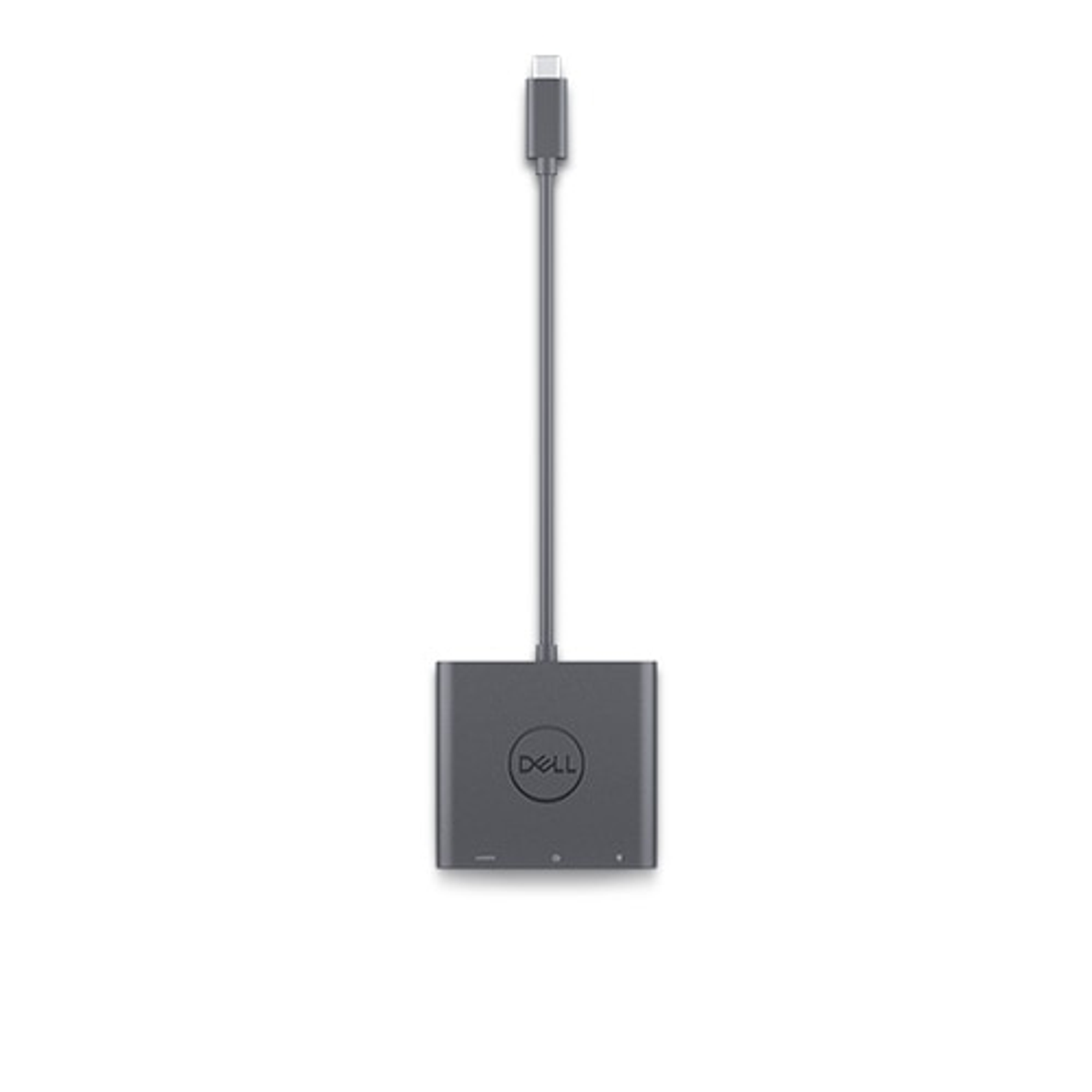 Ein grauer Dell-Adapter mit einem USB-C-Kabel und einem USB-Anschluss. Er befindet sich auf weißem Hintergrund.