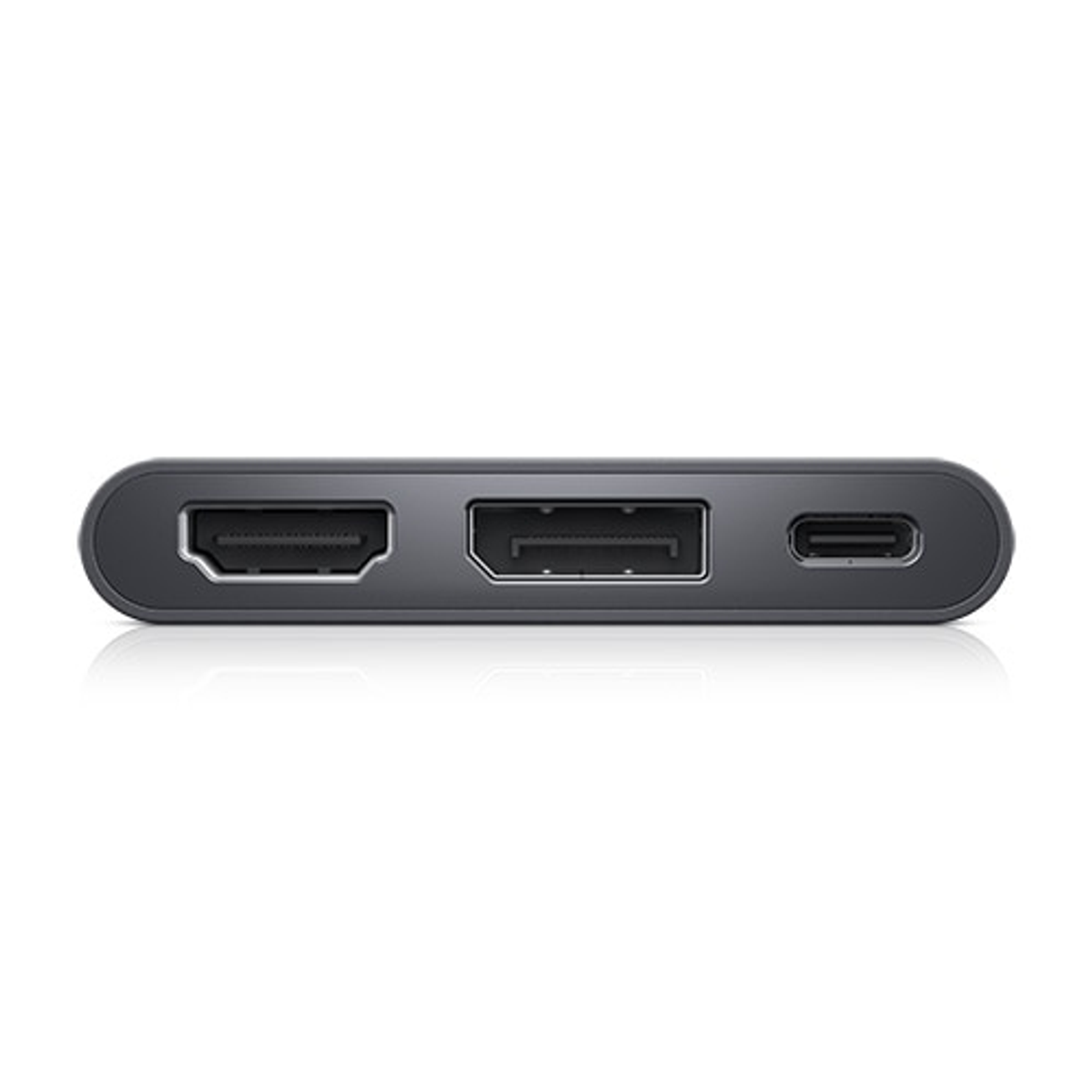 Schwarzer Adapter mit HDMI-, HDMI- und USB-C-Anschlüssen. Weißer Hintergrund.