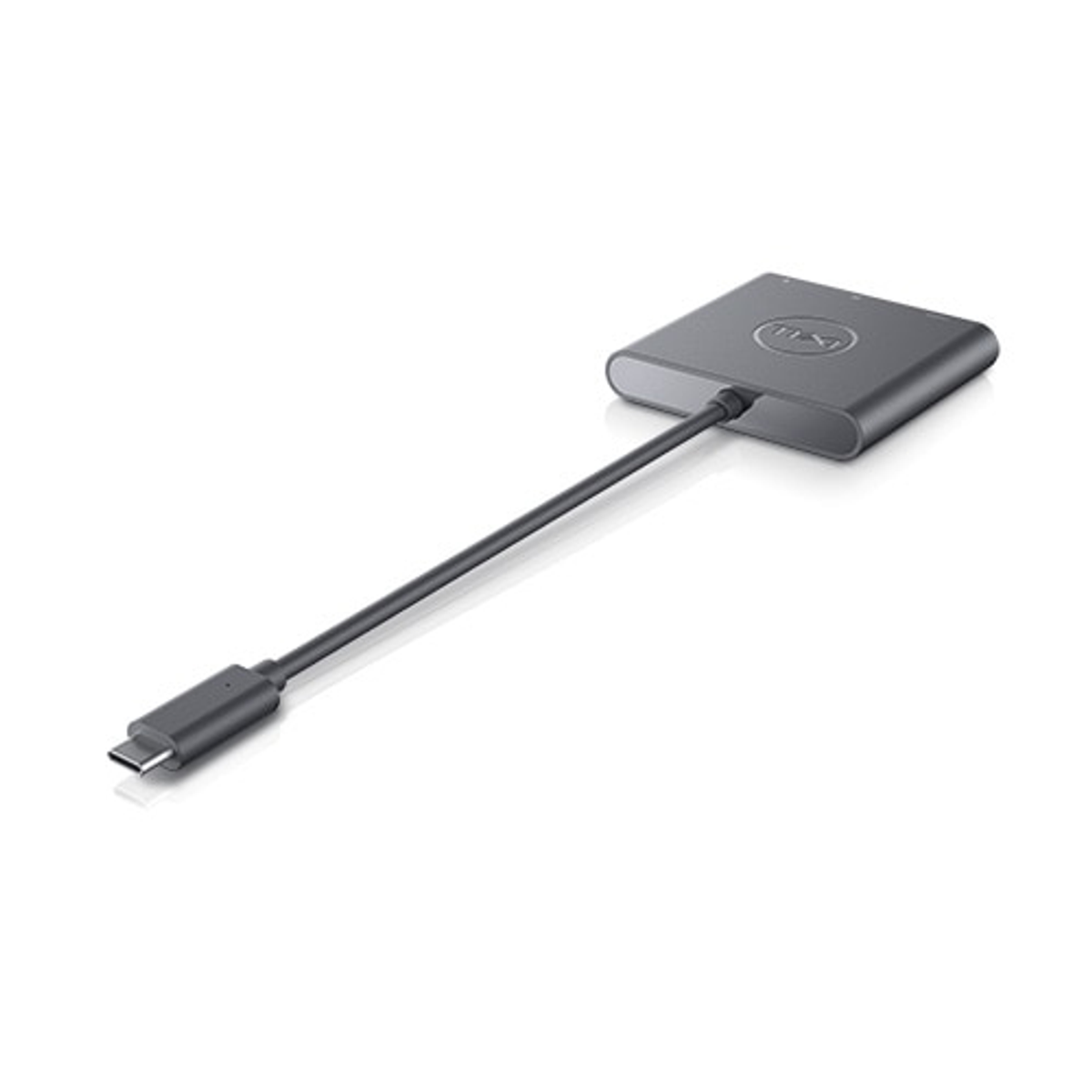 Ein grauer Dell USB-C-Adapter mit schwarzem Kabel auf weißem Hintergrund.