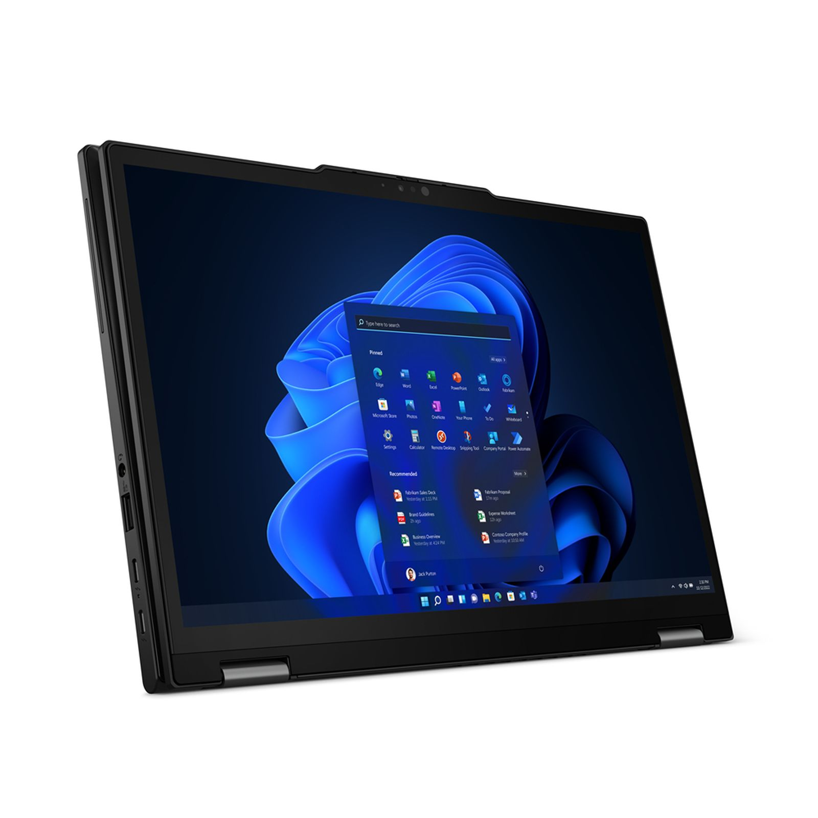 Laptop nero con schermo blu, angolato verso l'osservatore.