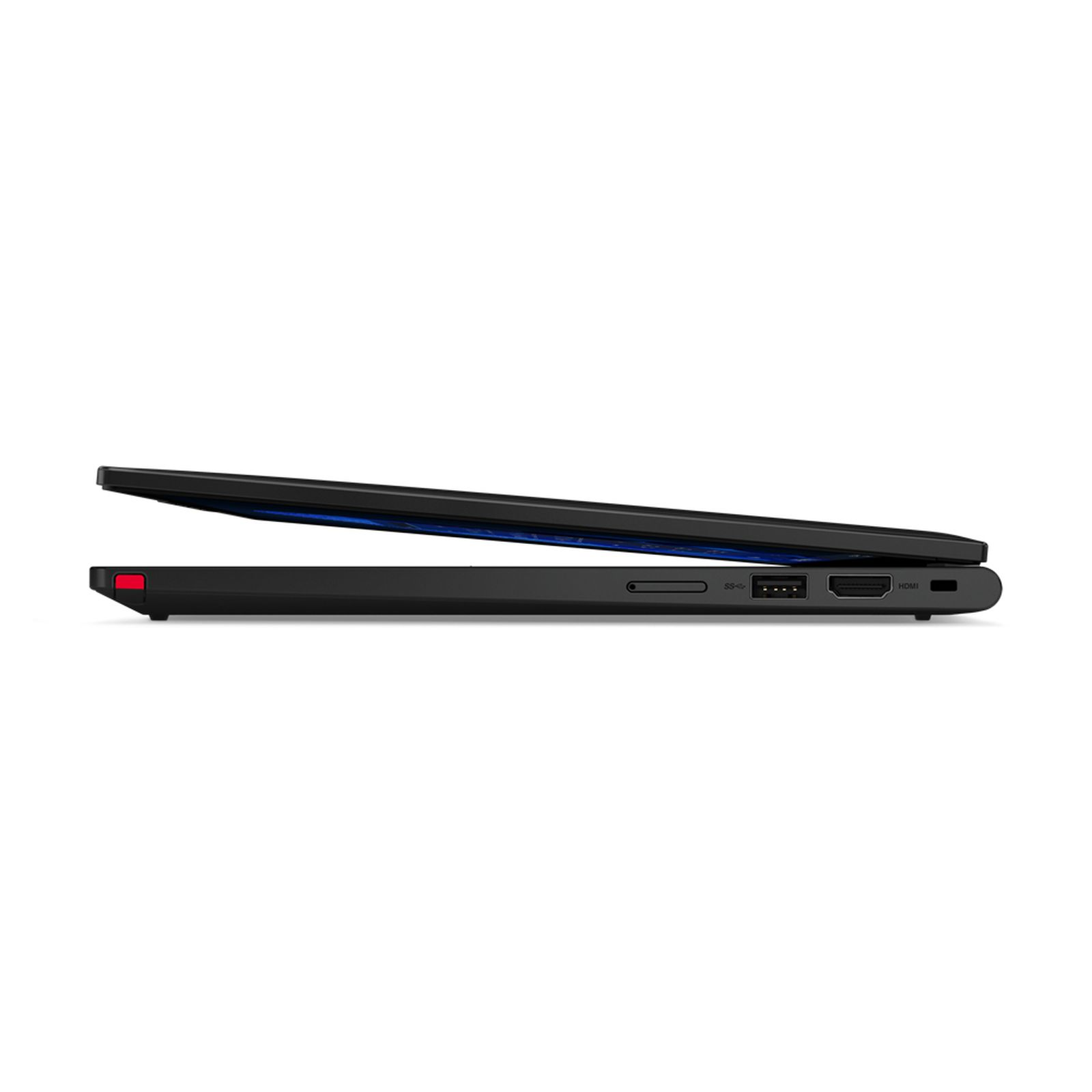 Vista laterale di un laptop nero con porte e pulsante di accensione rosso.