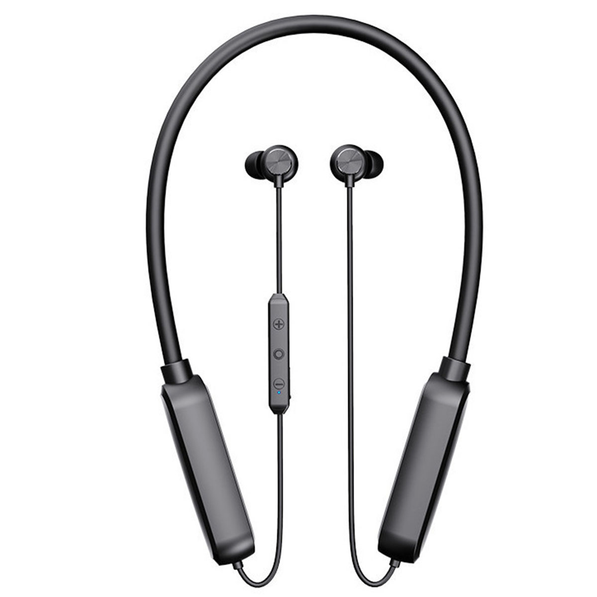 Schwarze Kopfhörer im Nackenbügel-Stil mit In-Ear-Ohrhörern. Enthält ein Bedienfeld mit Tasten.