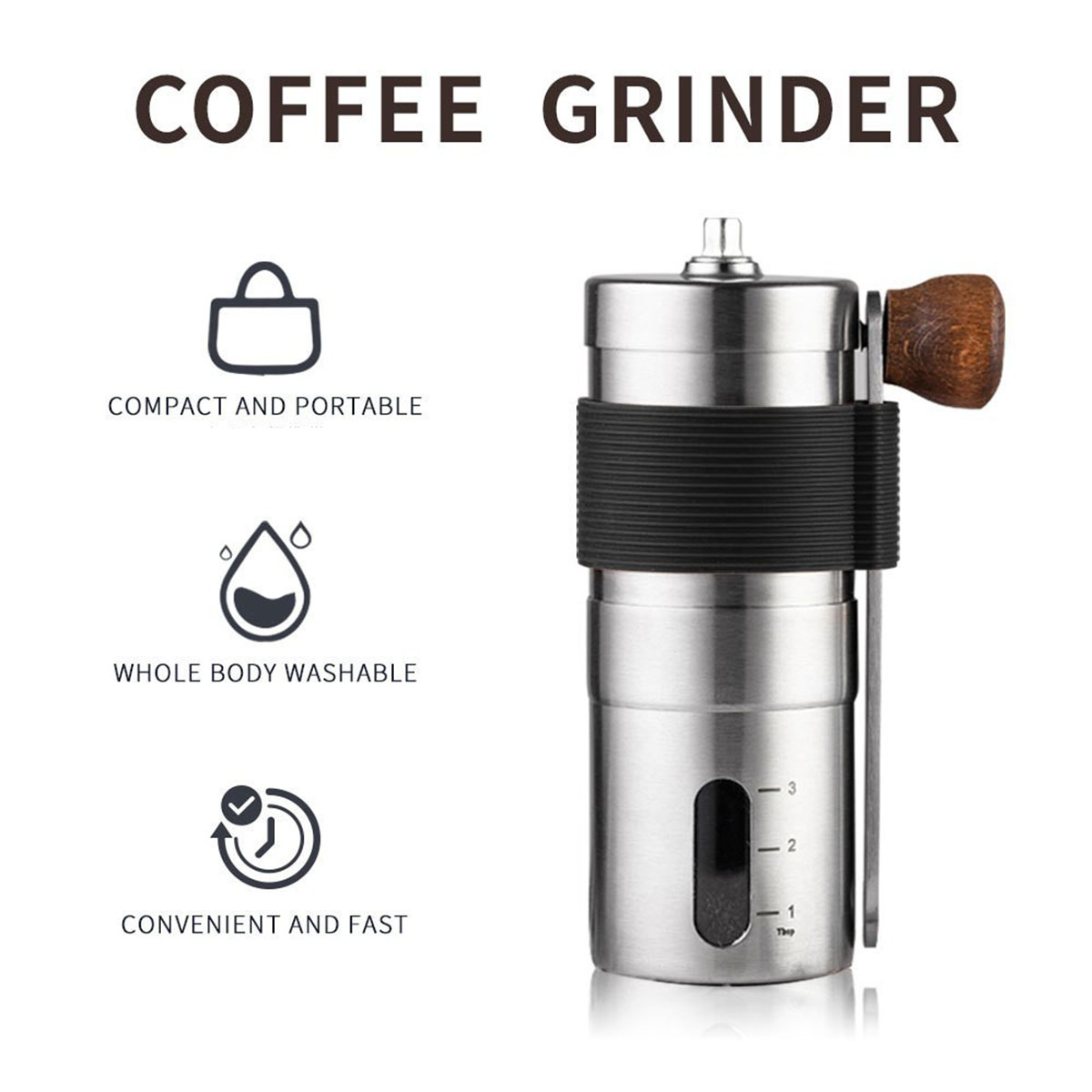 Silberne Kaffeemühle mit Holzgriff, schwarzem Griff und transparentem Fenster. Es steht 'Coffee Grinder'.