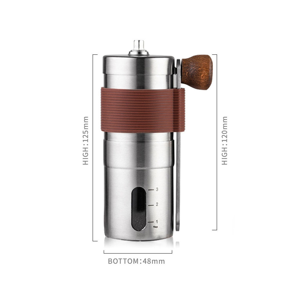Kaffeemühle, Edelstahl mit braunem Griff. Maße: Höhe 125mm, 120mm. Unten 48mm.