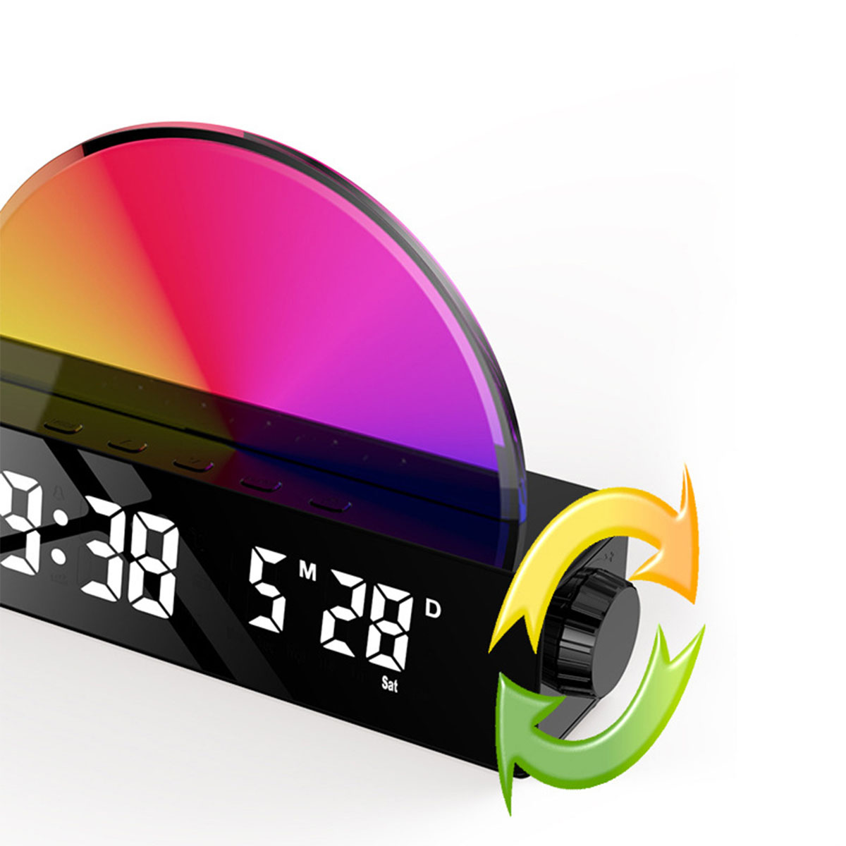 Digitaluhr mit Farbanzeige. Pfeile zeigen auf die Bedienelemente. Schwarzes Gehäuse und farbenfroher Bildschirm.