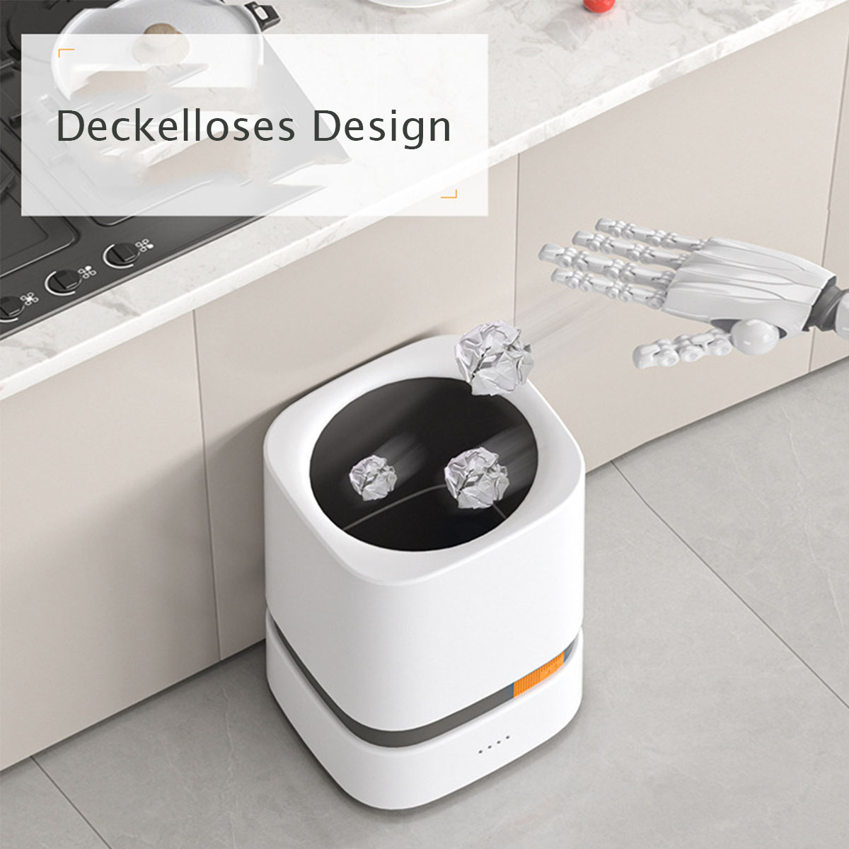 Ein weißer Mülleimer, in den ein Roboterarm zerknittertes Papier in einer Küche wirft.