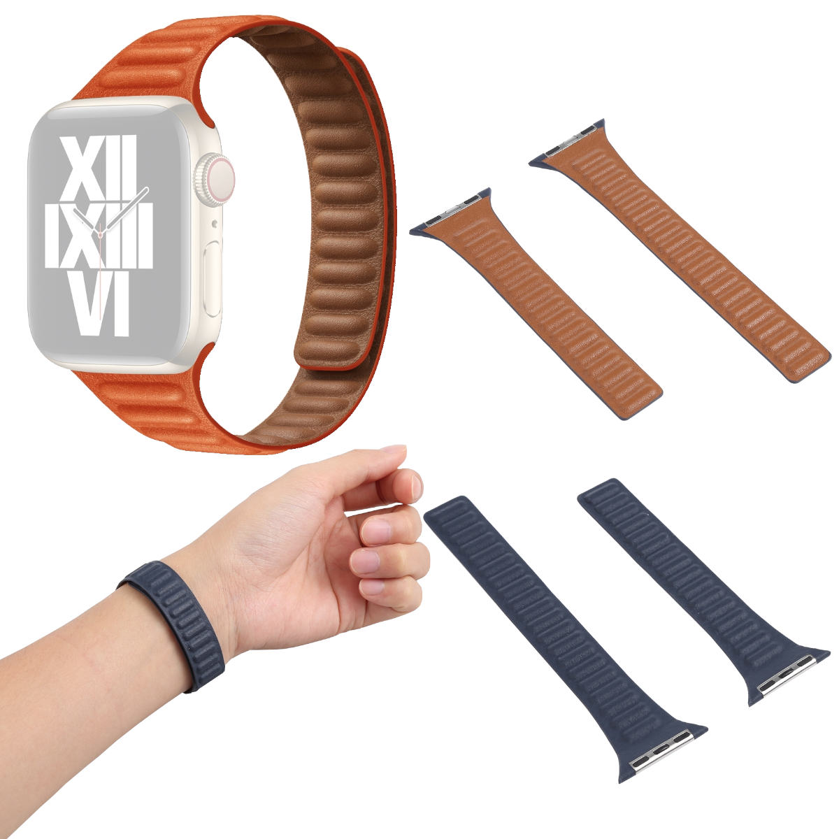 Apple Watch mit braunem Lederarmband links und Armbändern rechts. Hand, die eine Uhr trägt.